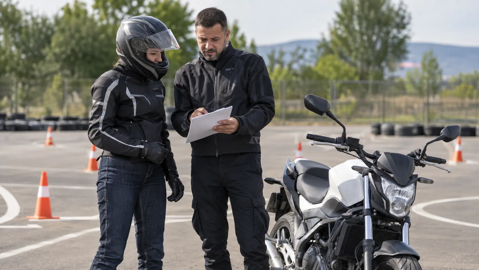 Instructor moto care explică documente într-un poligon de școală moto