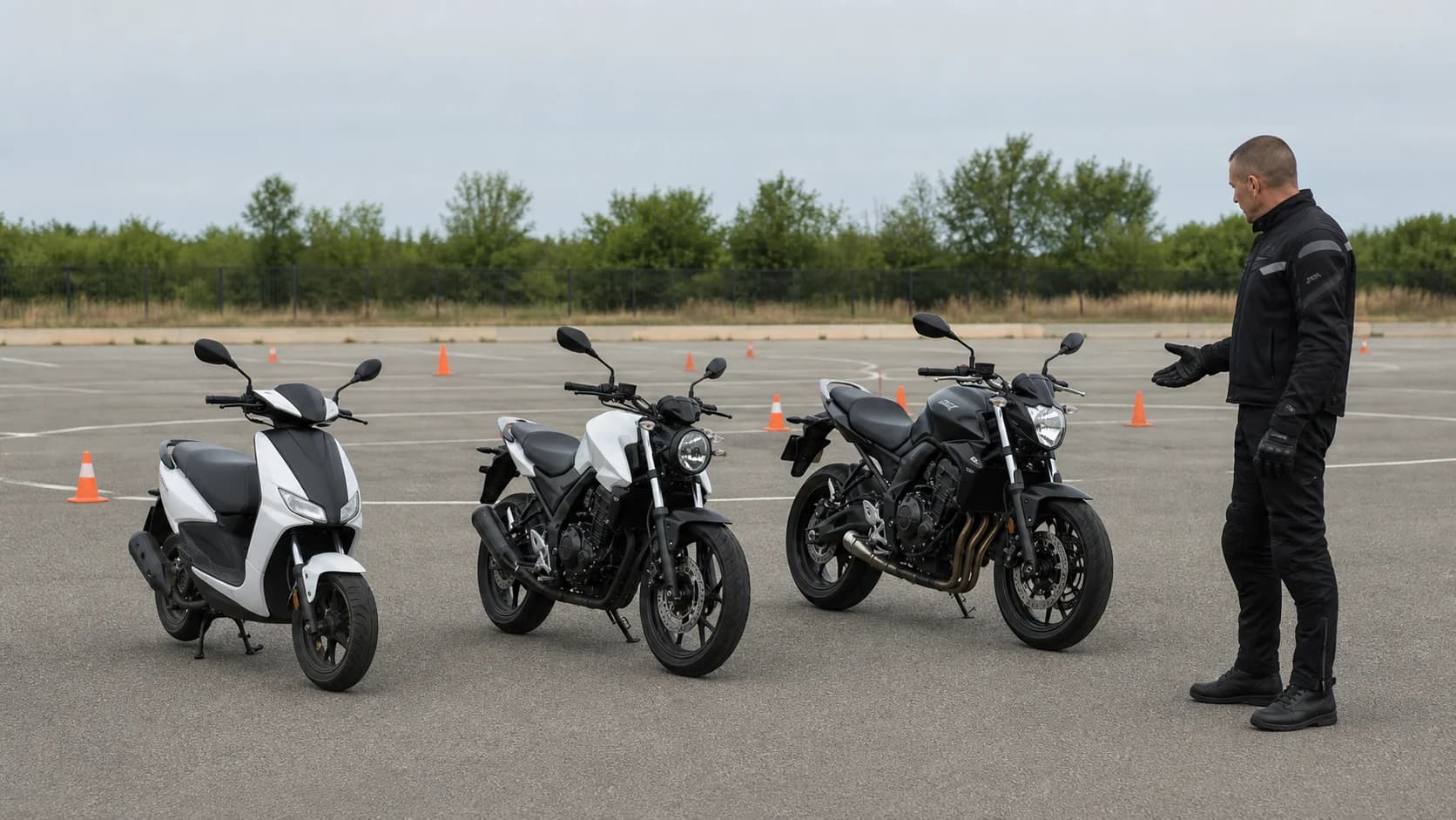 Scuter de 125 cm³ și două motociclete de puteri diferite pe un poligon de pregătire