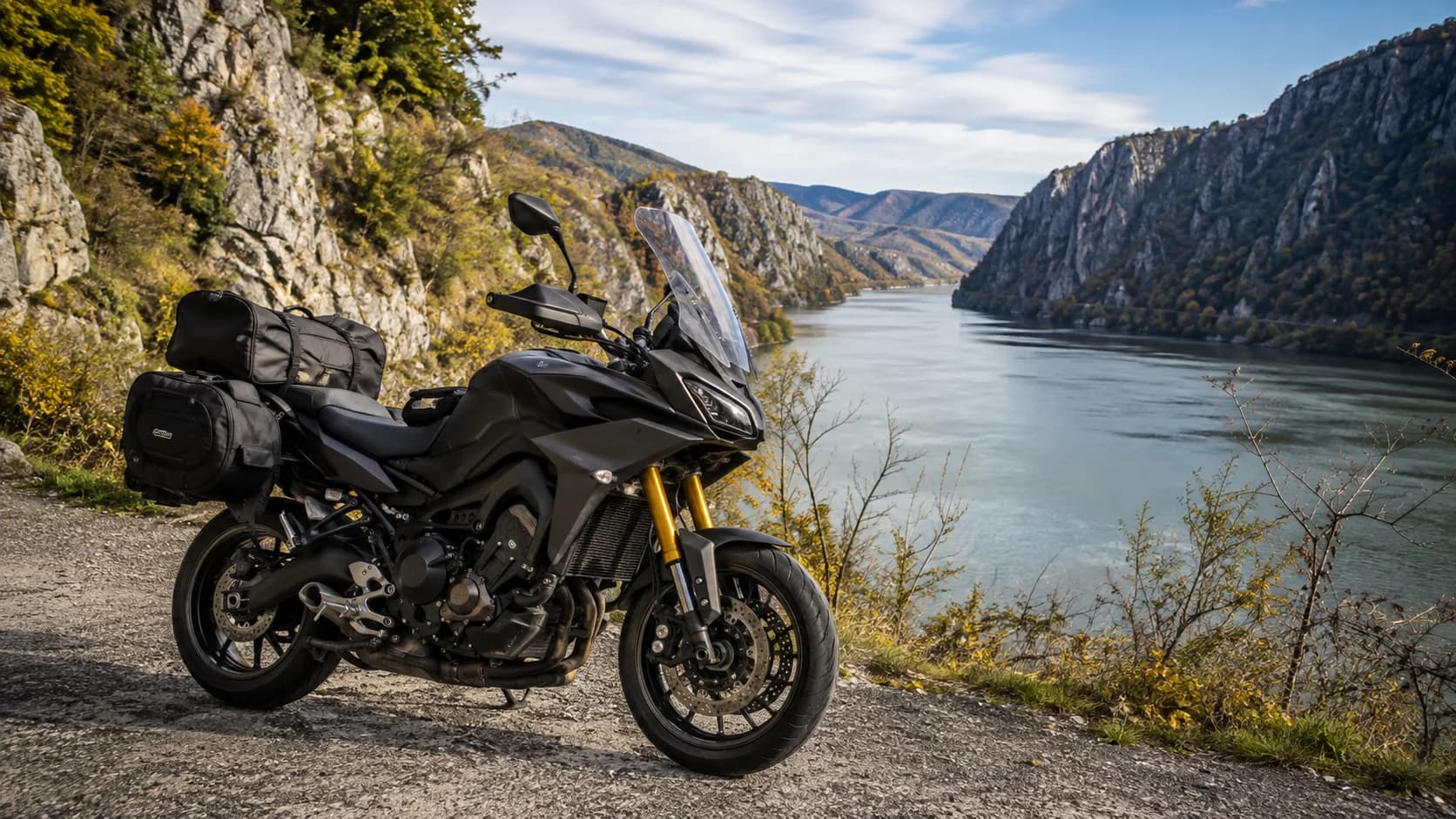 Motocicletă touring oprită într-un loc sigur lângă Dunăre la Cazanele Dunării