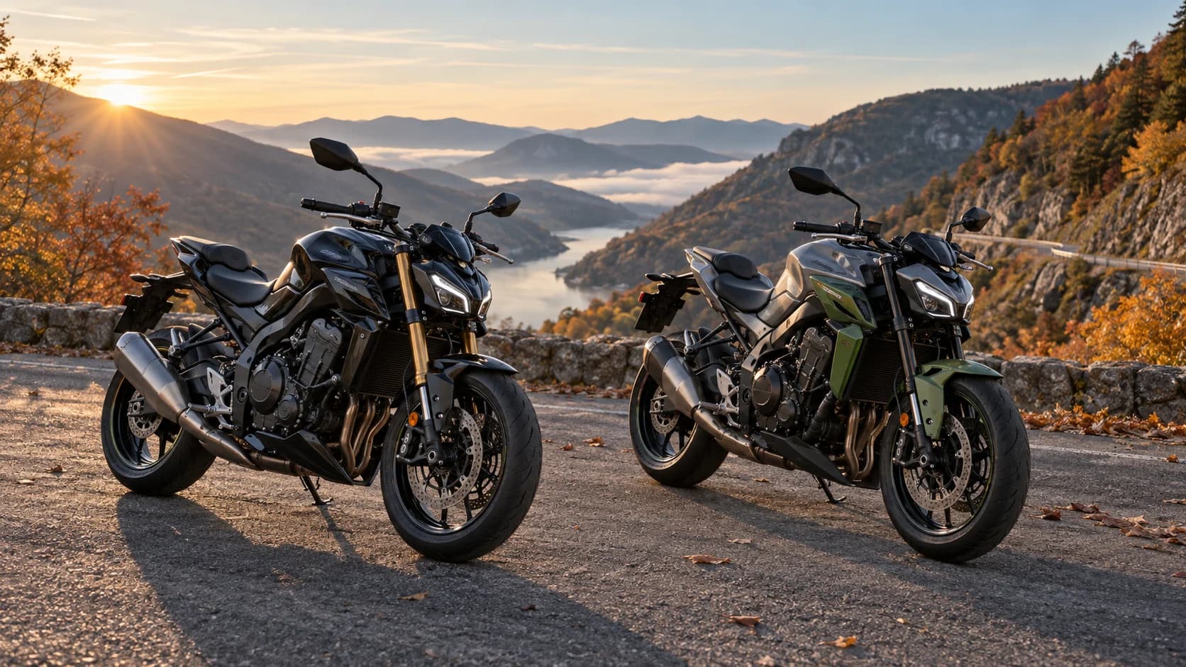 Două motociclete naked sportive parcate pe un drum montan toamna