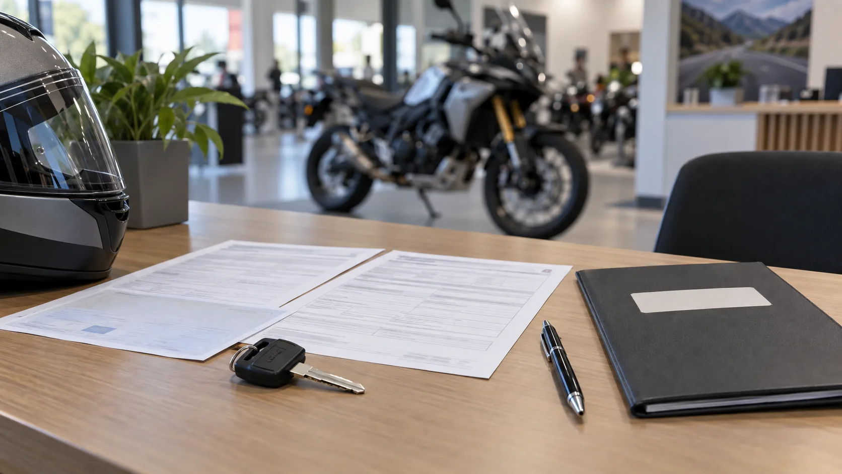 Documente de cumpărare pentru motocicletă pe un birou de dealer, fără date lizibile