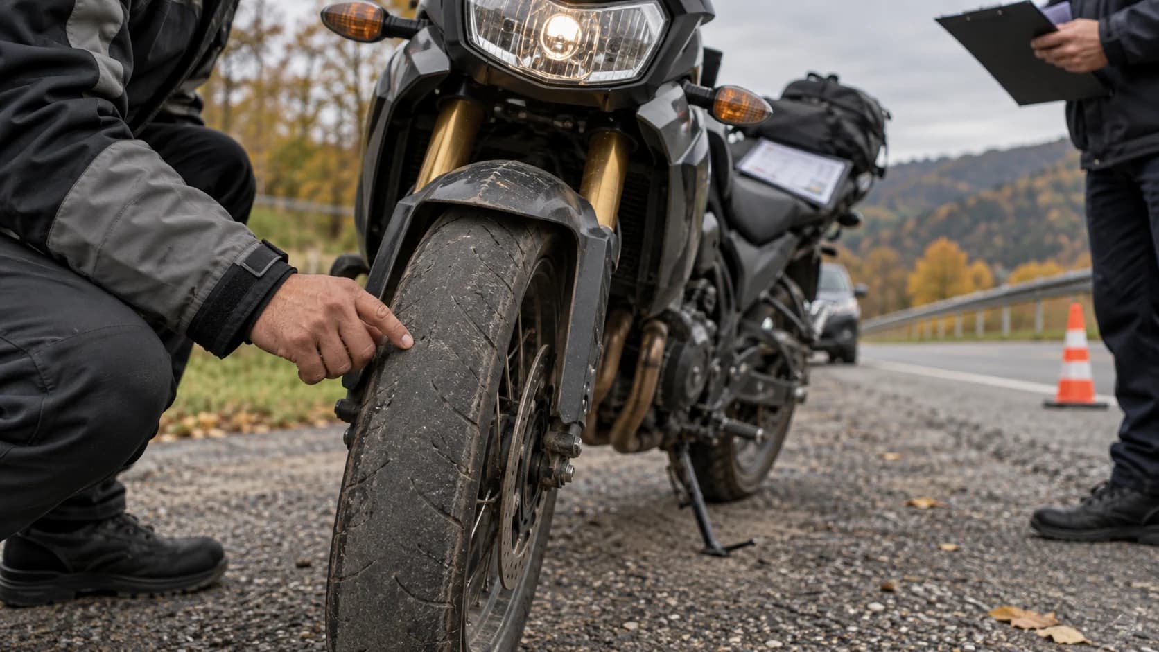 Motocicletă oprită la verificare tehnică pe marginea drumului cu anvelopa față vizibilă