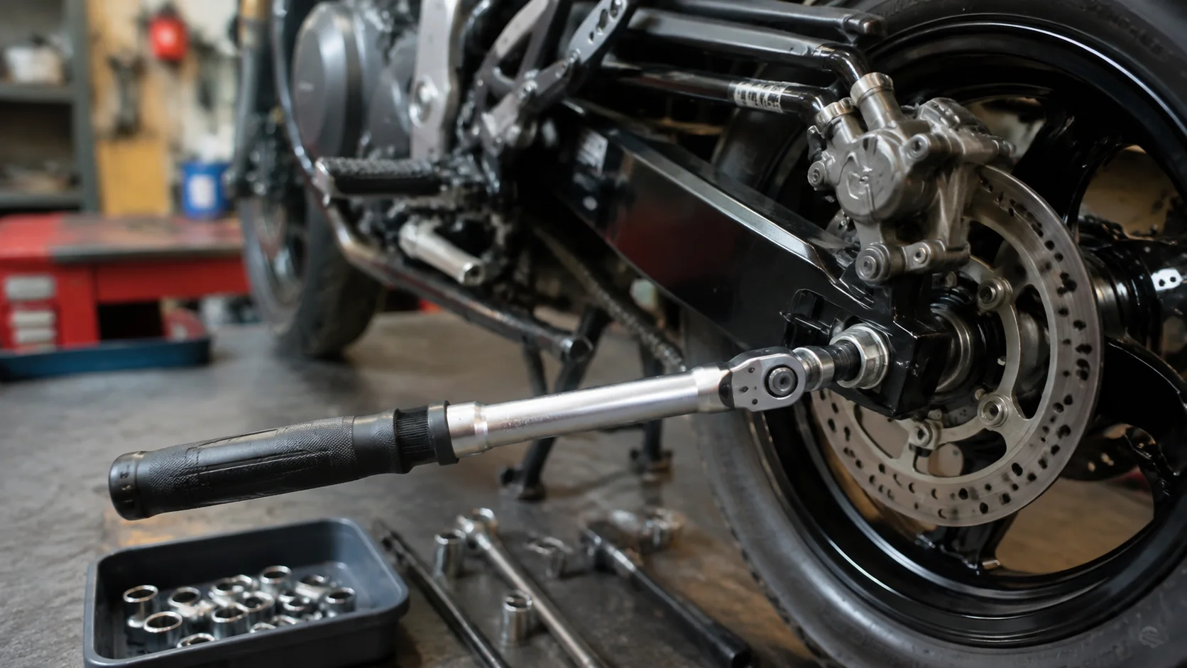 Cheie dinamometrică așezată lângă o roată de motocicletă în atelier