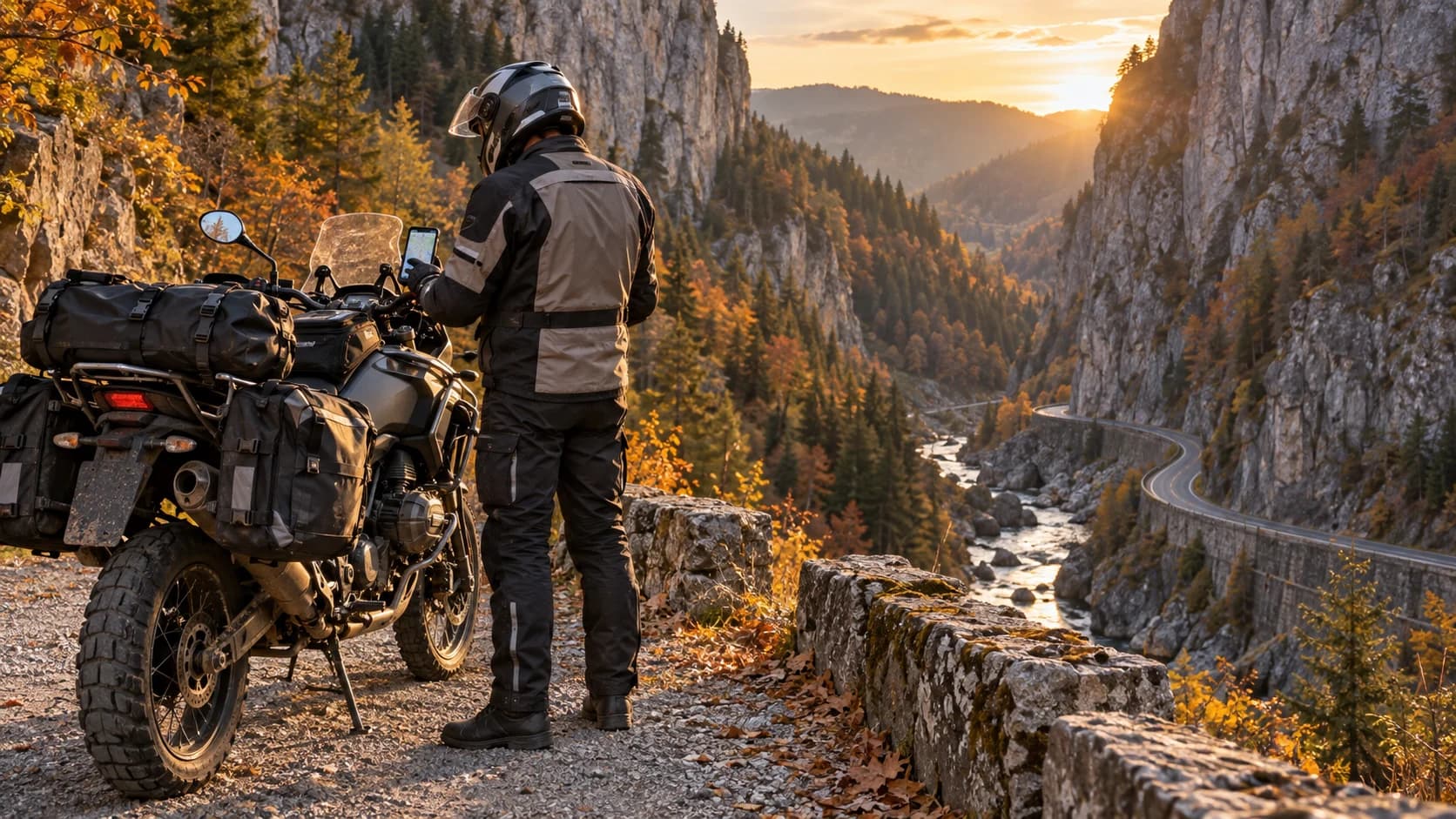 Motocicletă touring cu bagaje într-un defileu montan românesc la apus de toamnă