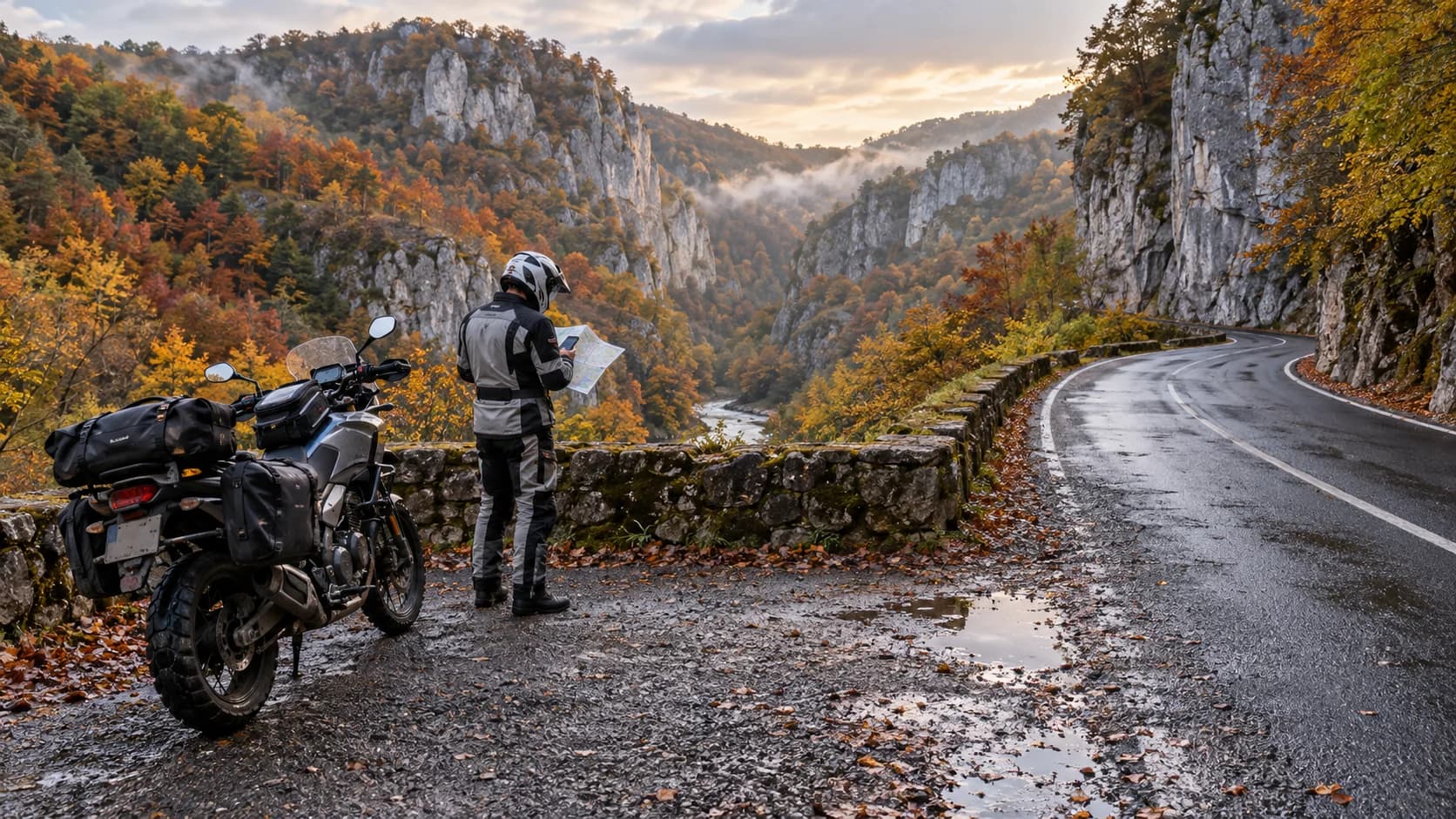 Motocicletă touring cu bagaje oprită pe drum umed între stânci și pădure de toamnă