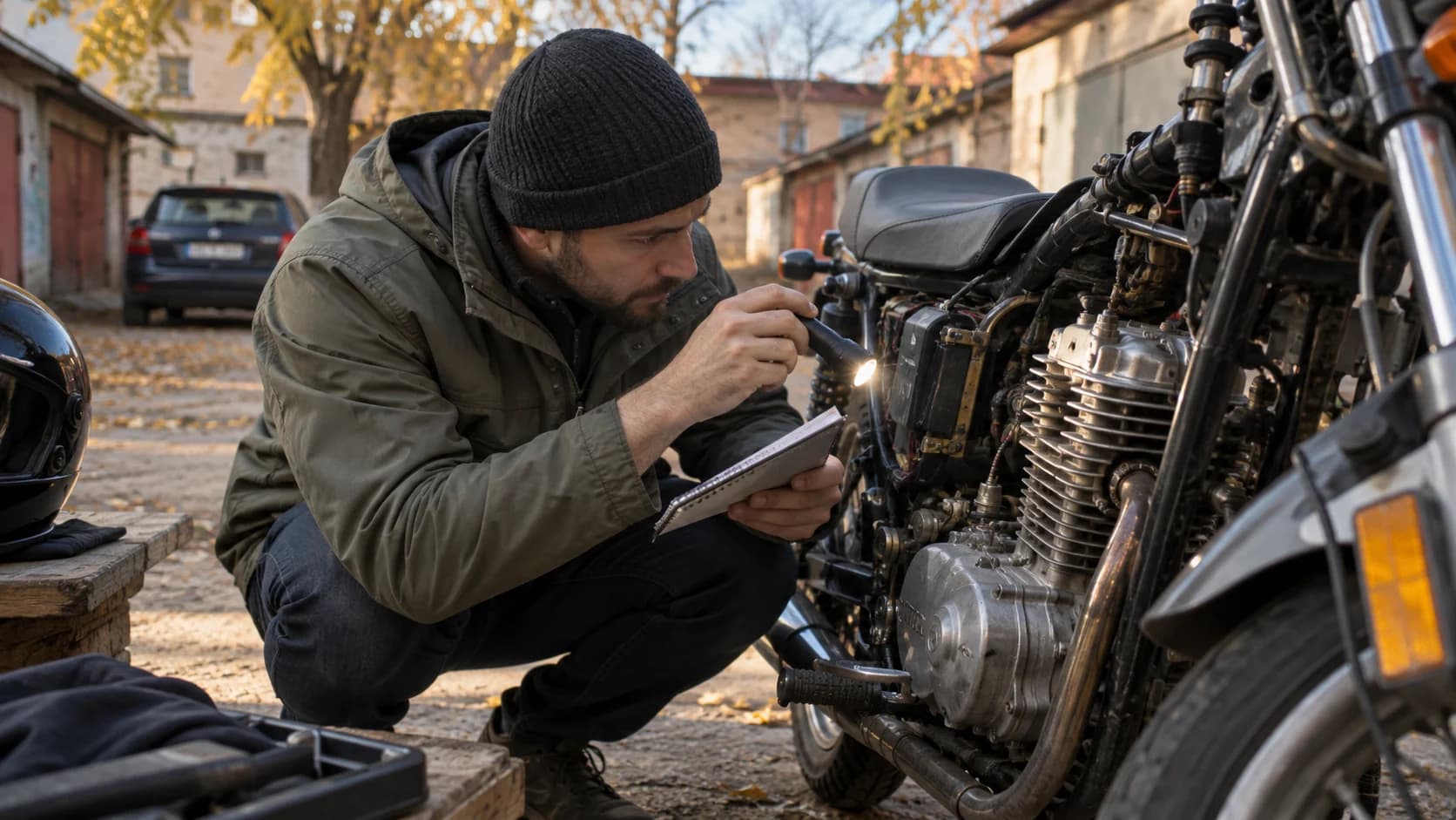 Cumpărător verificând cu lanternă zona cilindrului la o motocicletă rulată