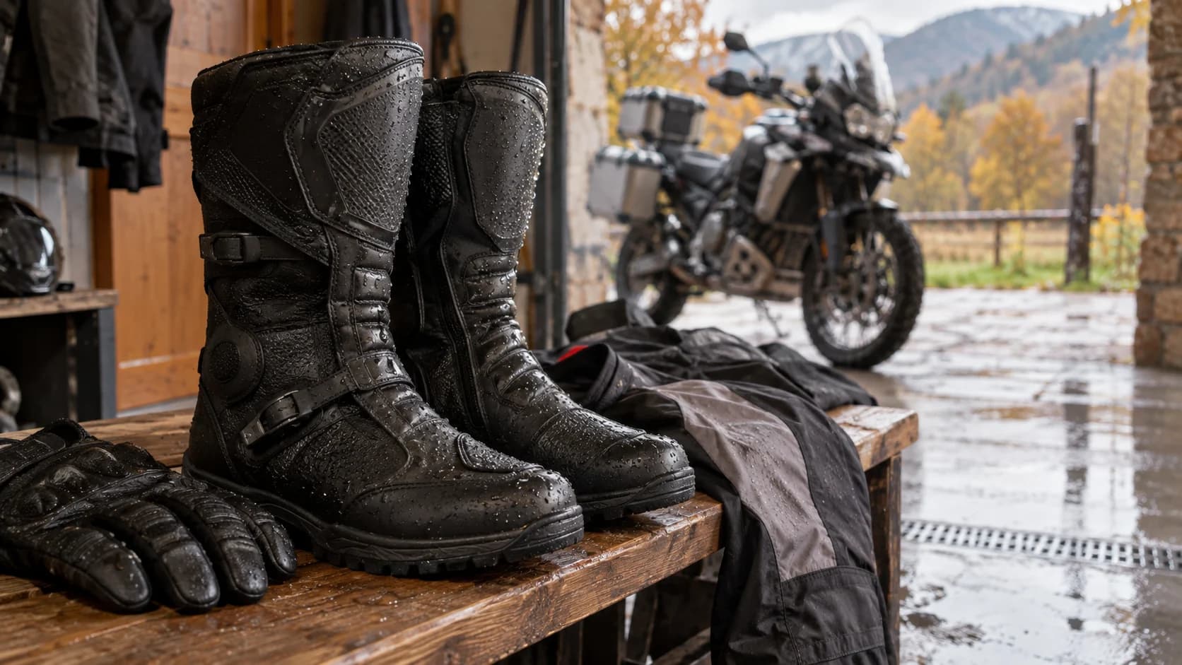 Cizme moto touring ude așezate pe o bancă lângă o motocicletă