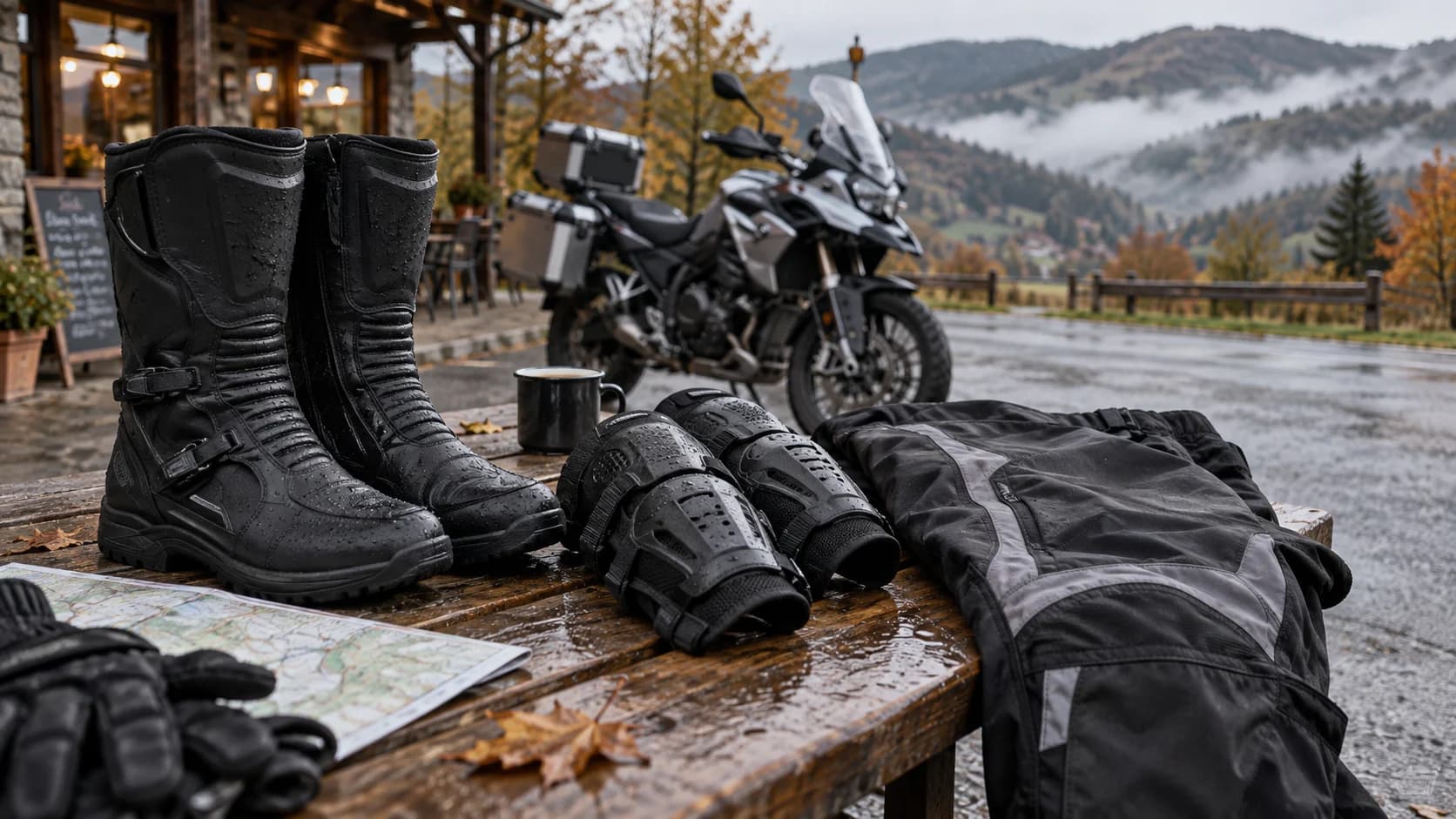 cizme moto touring și protecții așezate lângă o motocicletă într-o dimineață ploioasă