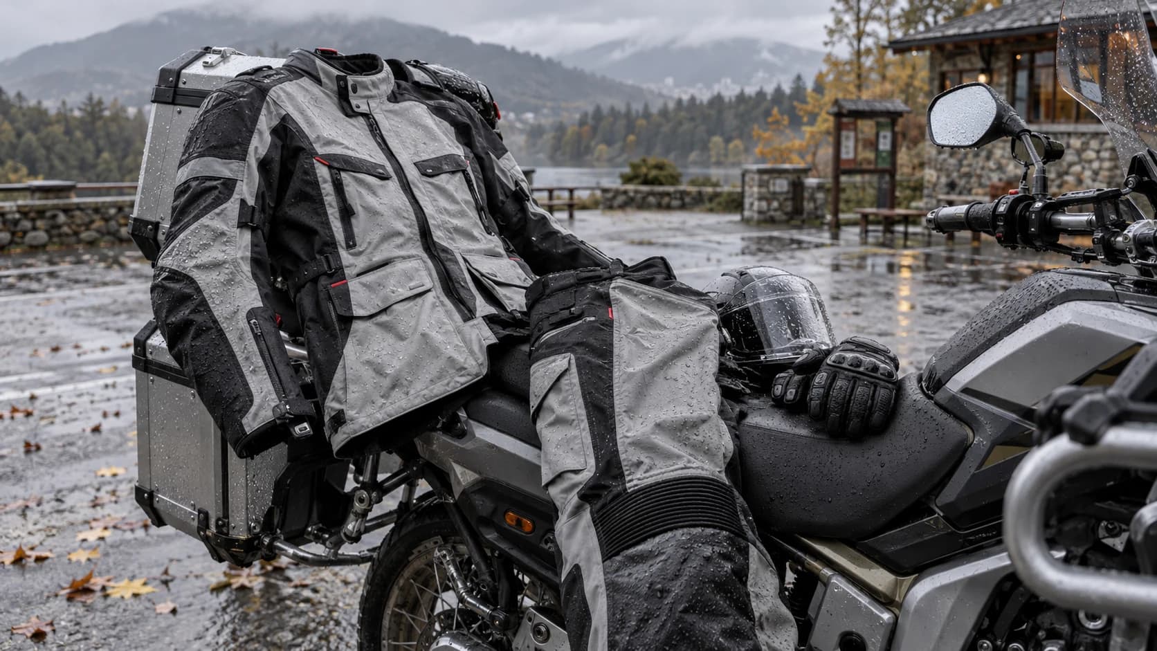 Echipament moto textil impermeabil așezat pe o motocicletă touring într-o parcare umedă