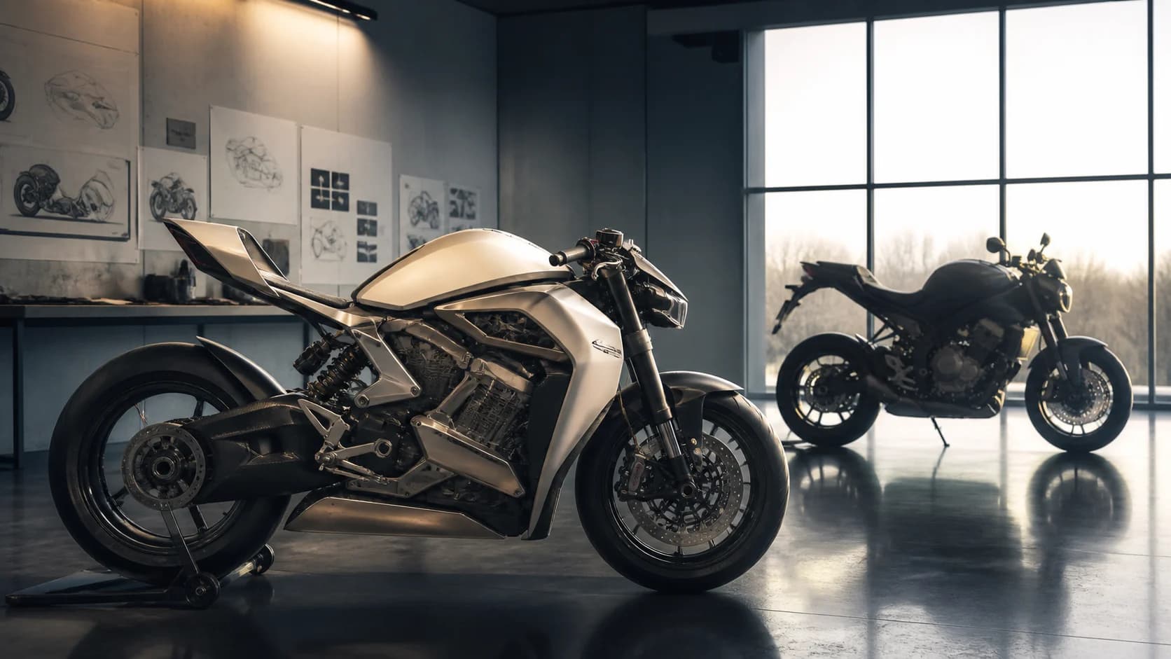 Prototip moto și o motocicletă de serie într-un studio de design