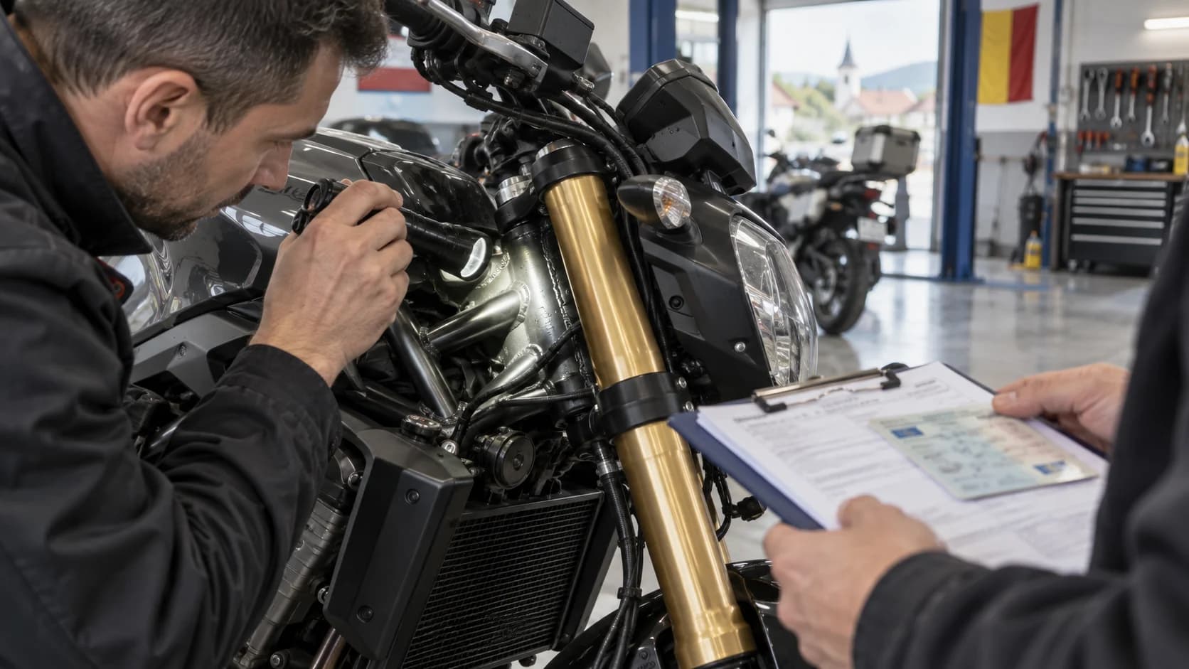 Motocicletă verificată într-un service, cu documente pe clipboard și lanternă la seria cadrului