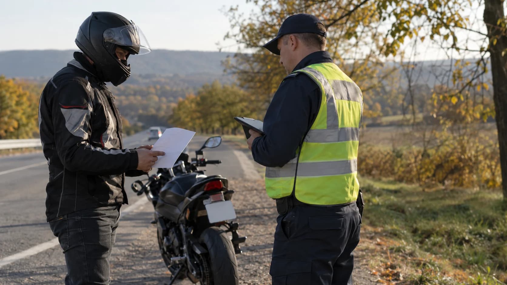Motociclist oprit pe marginea drumului cu acte în mână la un control rutier
