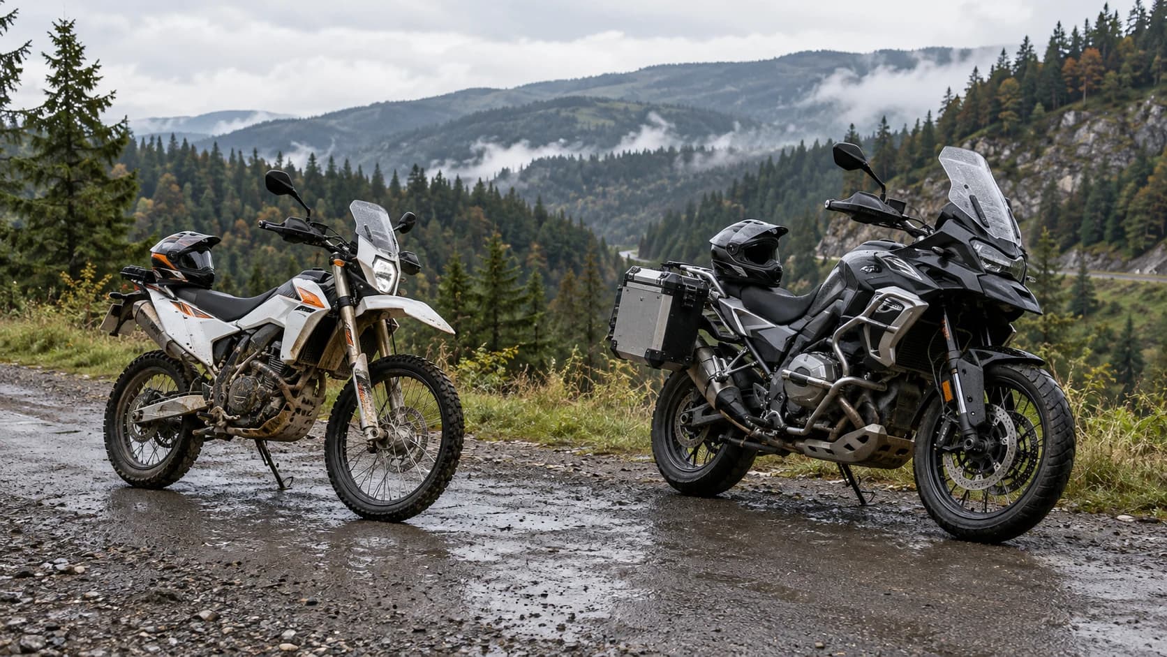 Două motociclete adventure parcate pe un drum ud de munte