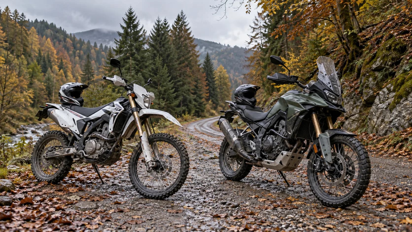 Două motociclete dual-sport parcate pe un drum forestier umed de toamnă