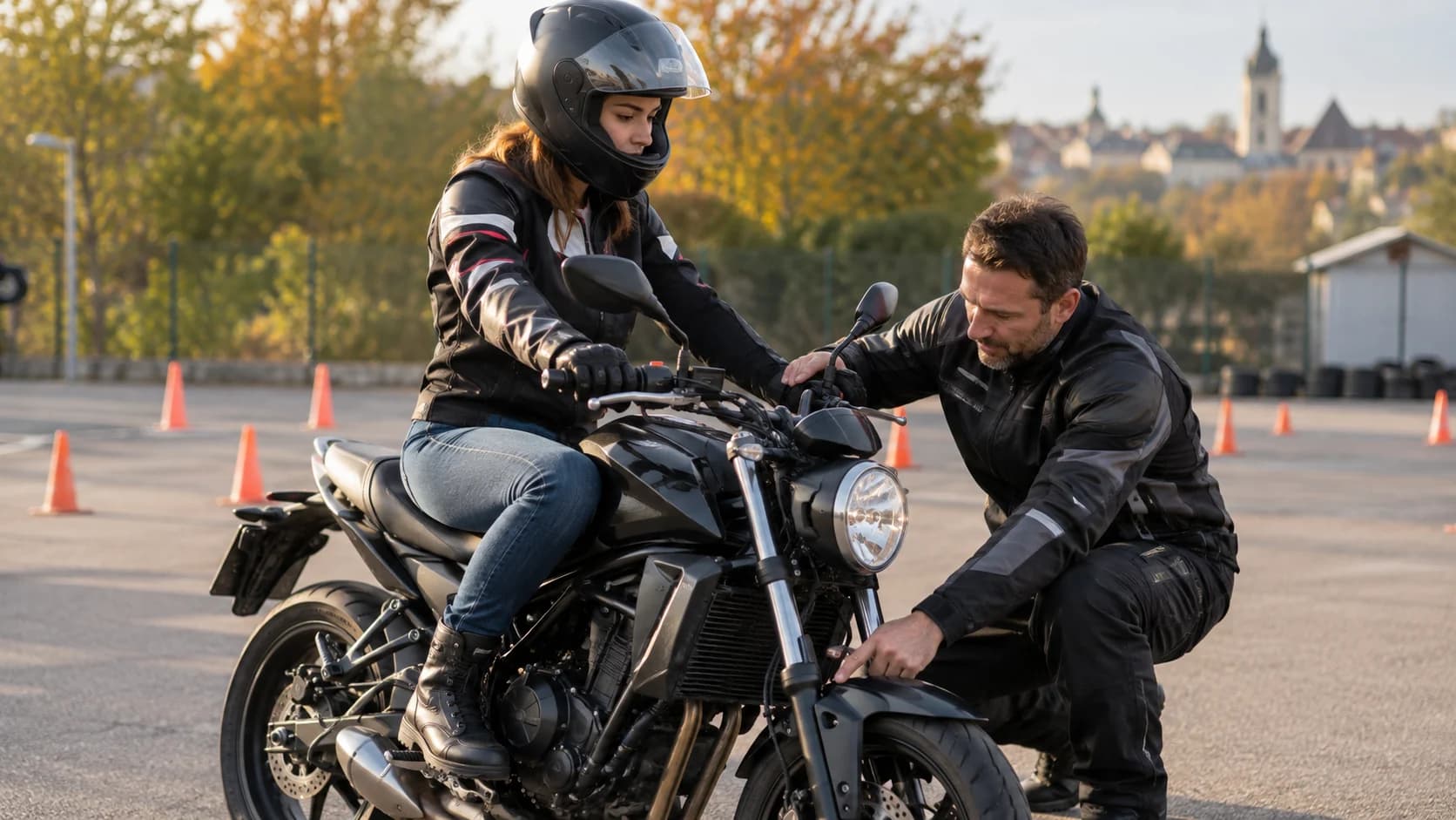 Cursant moto care primește indicații despre poziția corectă pe motocicletă