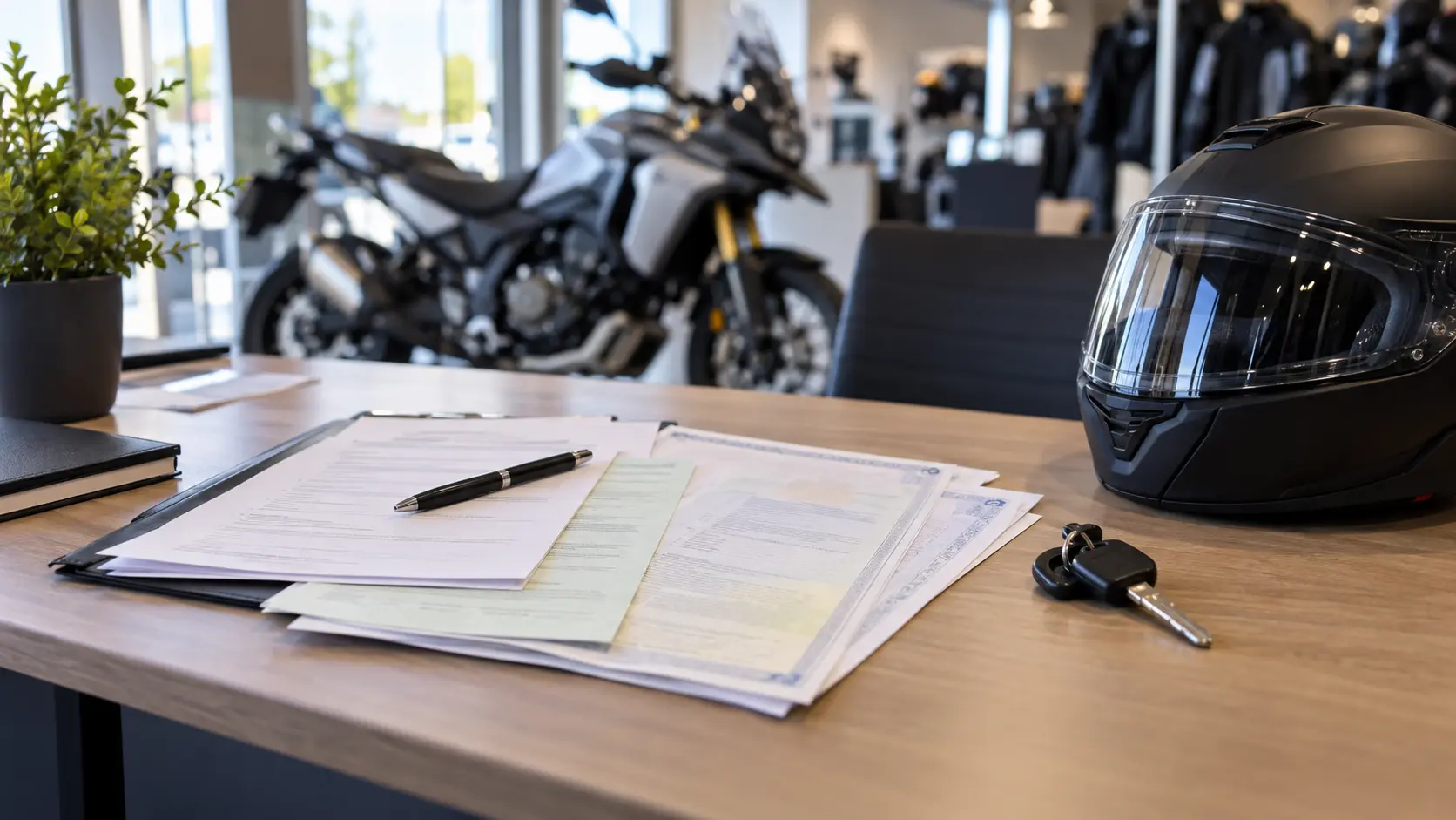 Documente de cumpărare și cască pe biroul unui dealer moto
