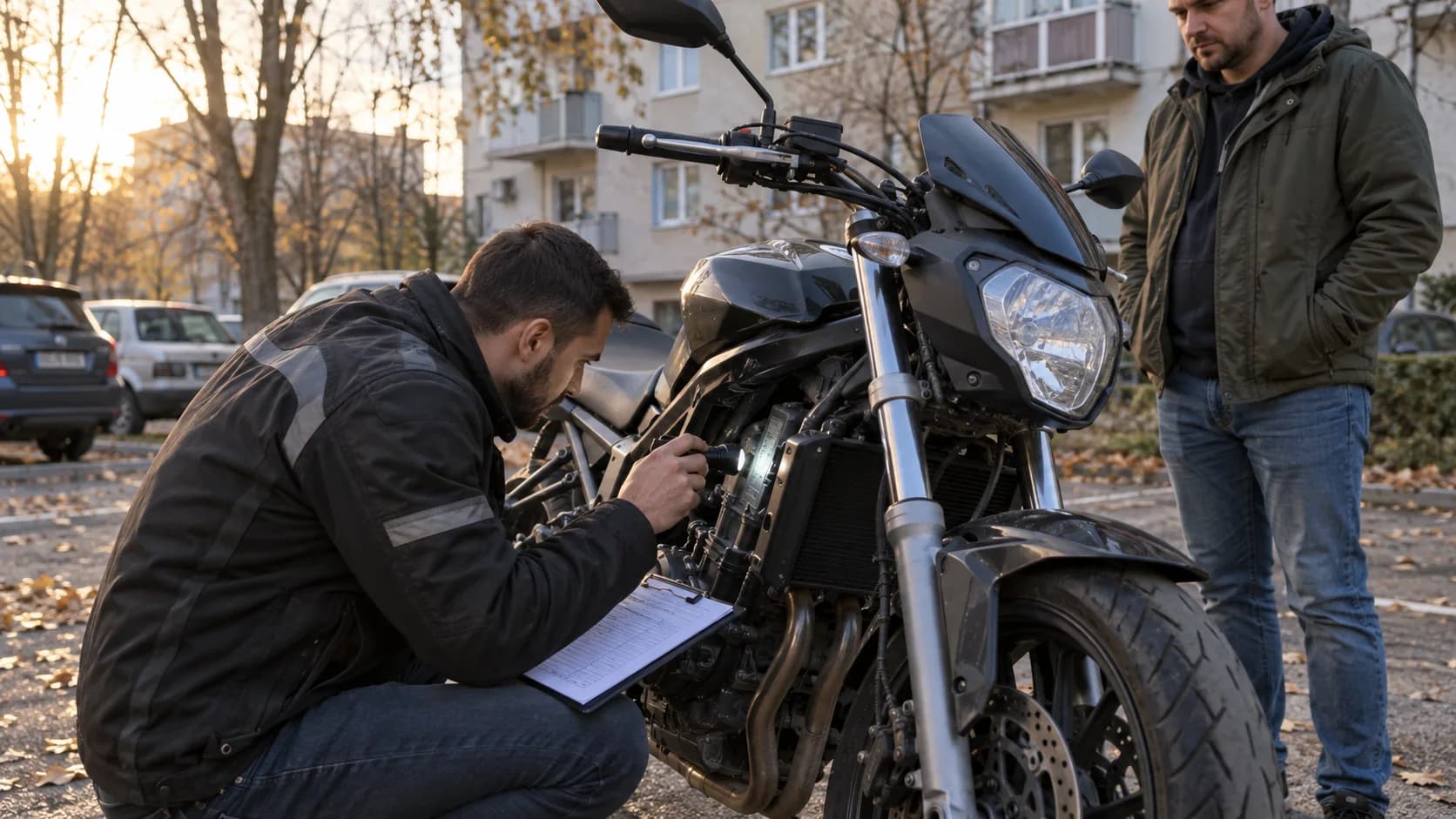 Cumpărător inspectând o motocicletă rulată într-o parcare de bloc