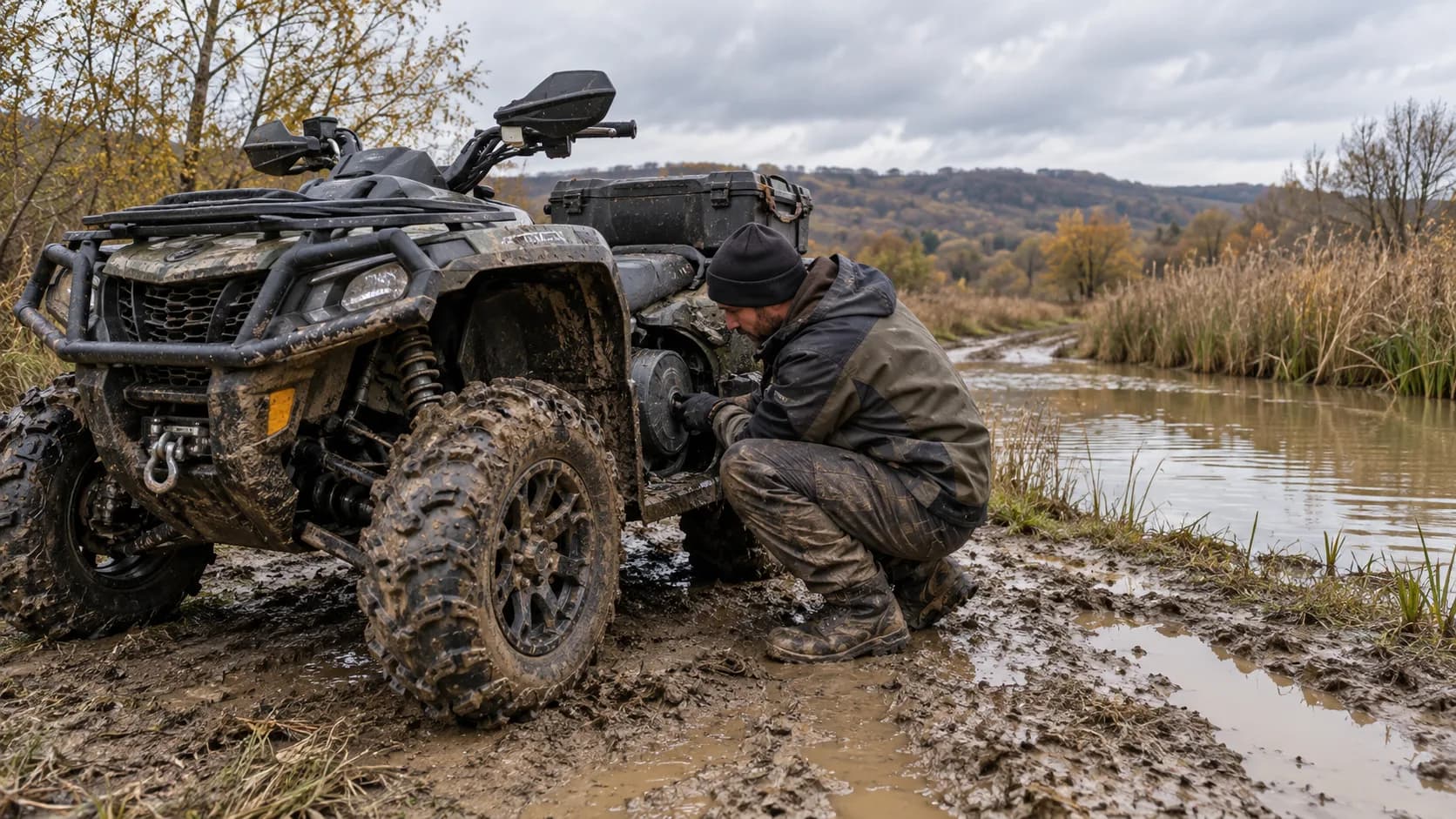 ATV murdar verificat lângă o baltă după o traversare prin noroi