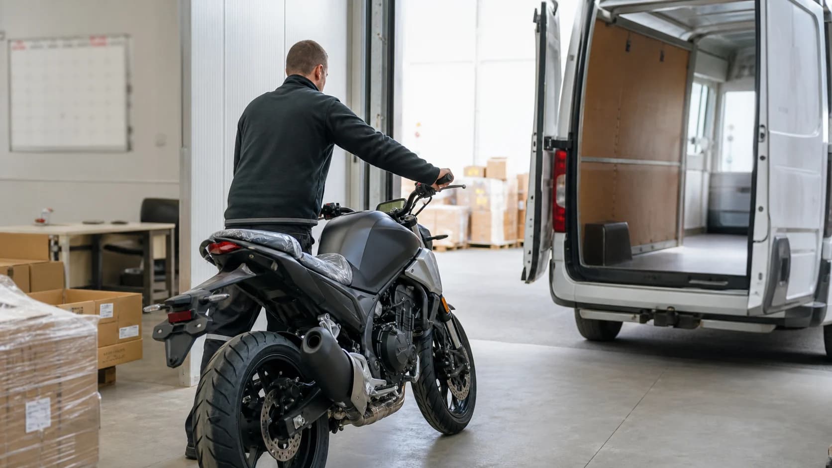Angajat mutând o motocicletă nouă din depozit către o dubă de livrare