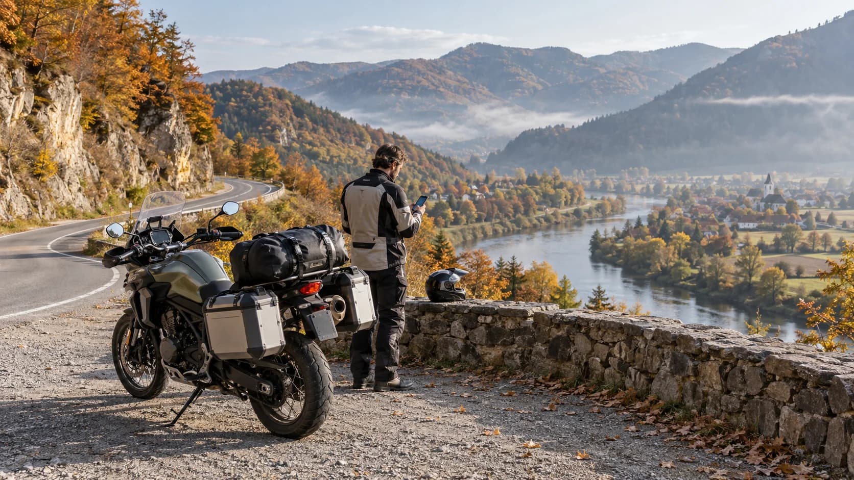 Motocicletă touring oprită într-un loc sigur de belvedere pe un drum de vale toamna