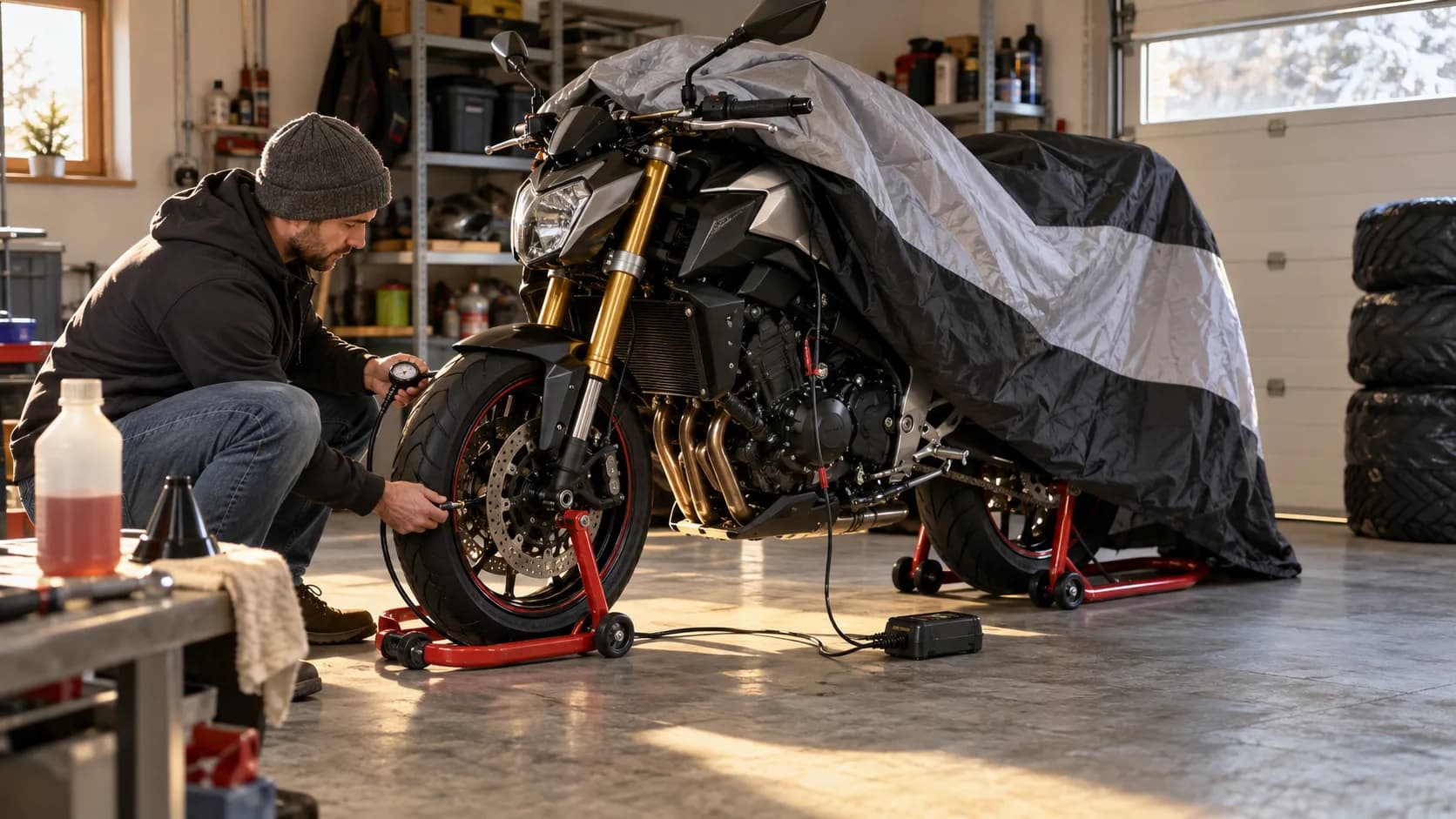 Motocicletă pregătită pentru depozitare iarna într-un garaj curat
