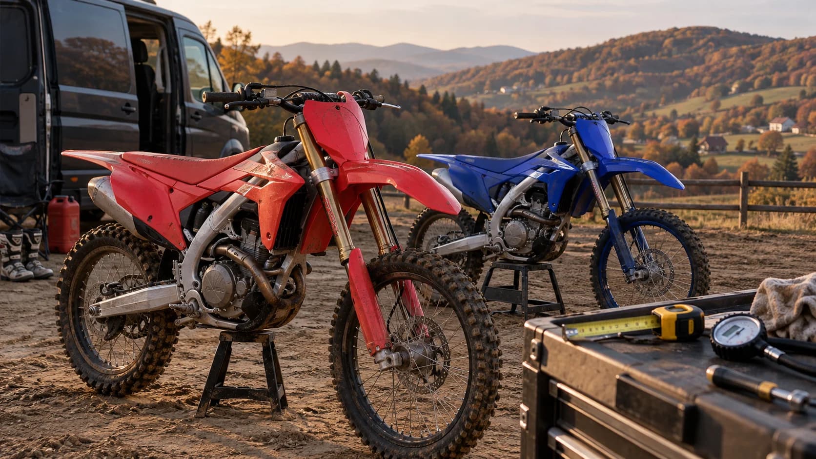 Două motociclete de motocross pe standuri, pregătite pentru comparație tehnică