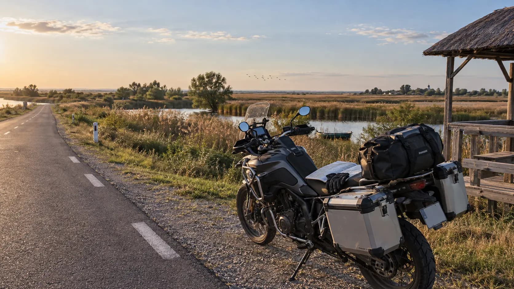 Motocicletă touring parcată lângă stuf și drum rural în Dobrogea