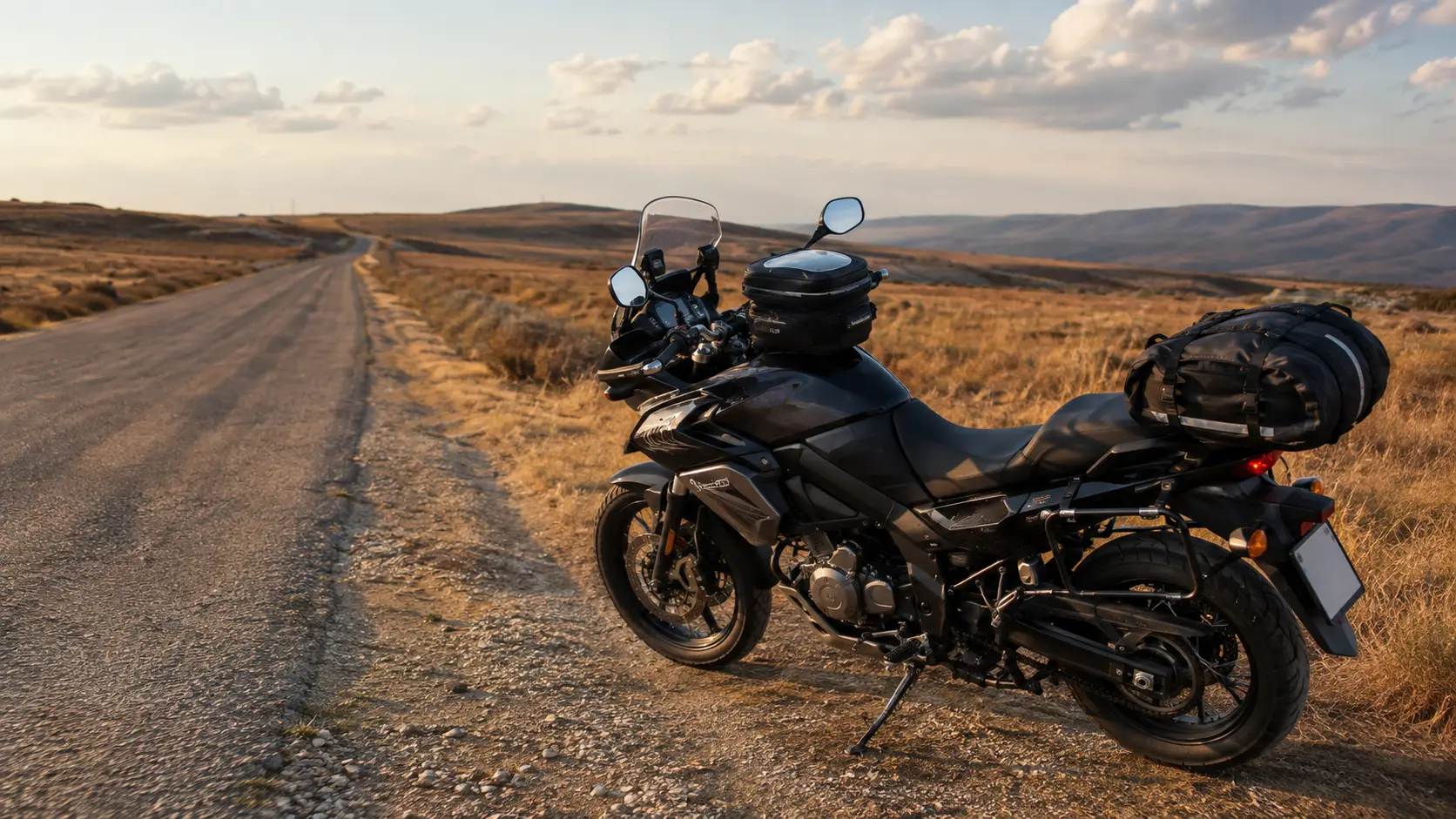 Motocicletă touring generică pe un drum secundar din Dobrogea la lumină de toamnă