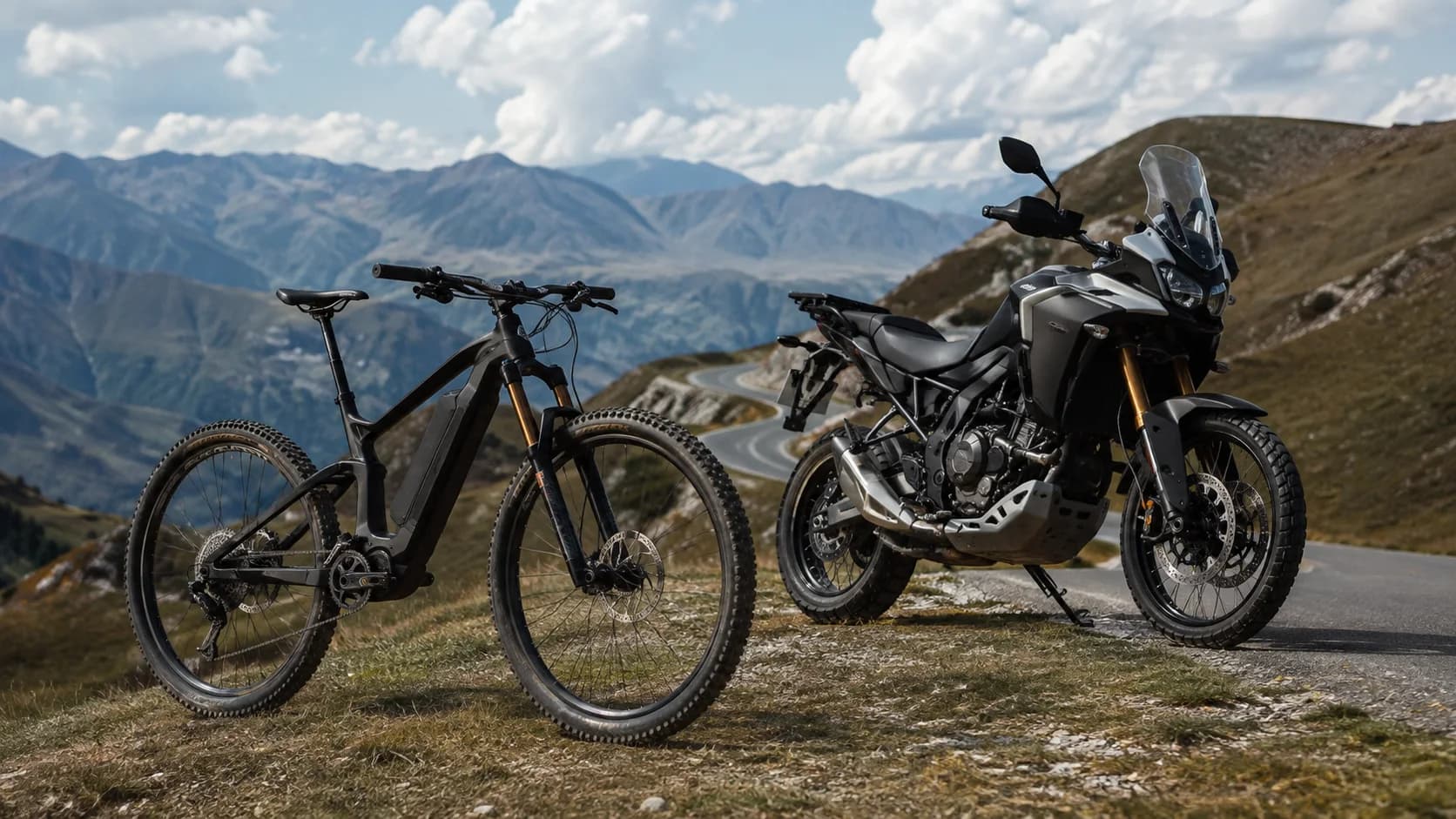 Bicicletă electrică de tip e-MTB lângă o motocicletă adventure pe un drum de munte