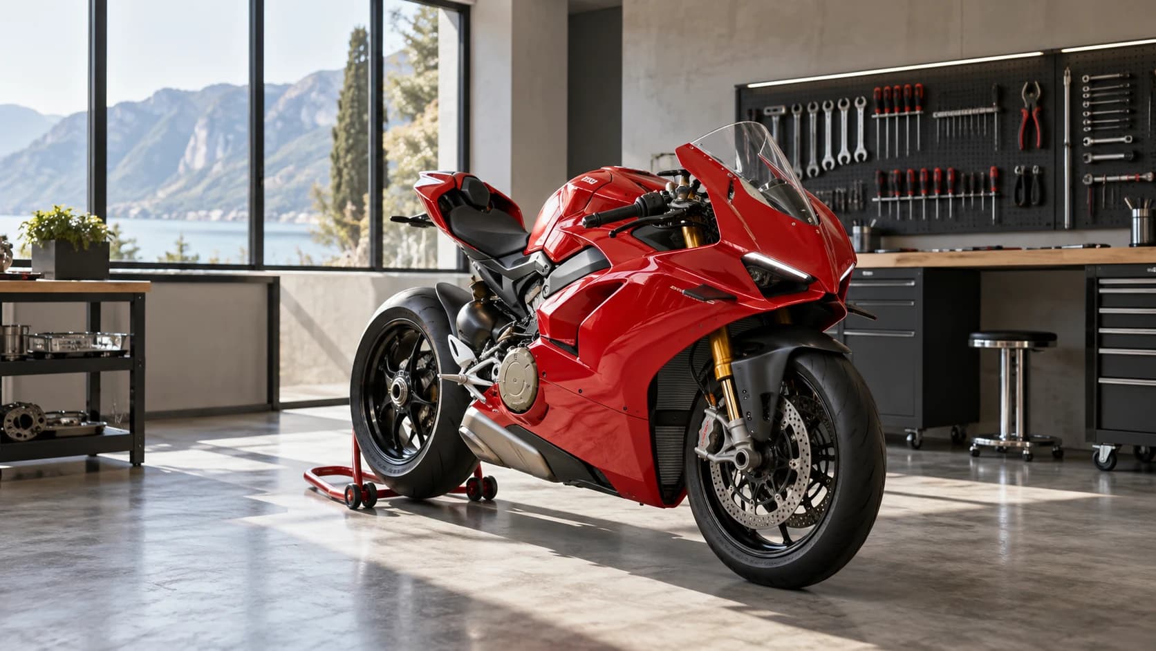 Motocicletă sport roșie într-un service modern, pregătită pentru eveniment editorial