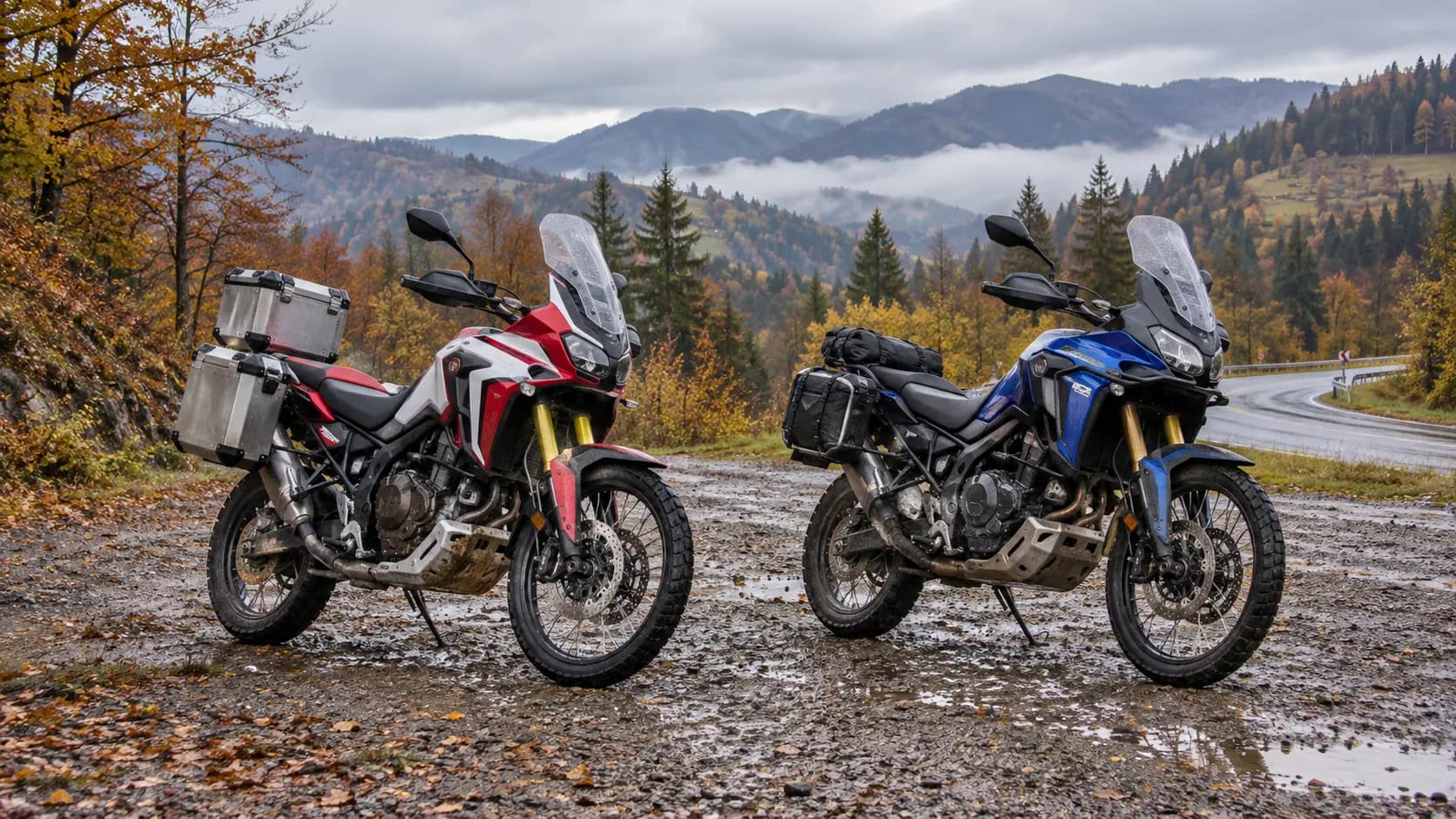 Două motociclete adventure parcate pe pietriș umed într-un peisaj montan de toamnă