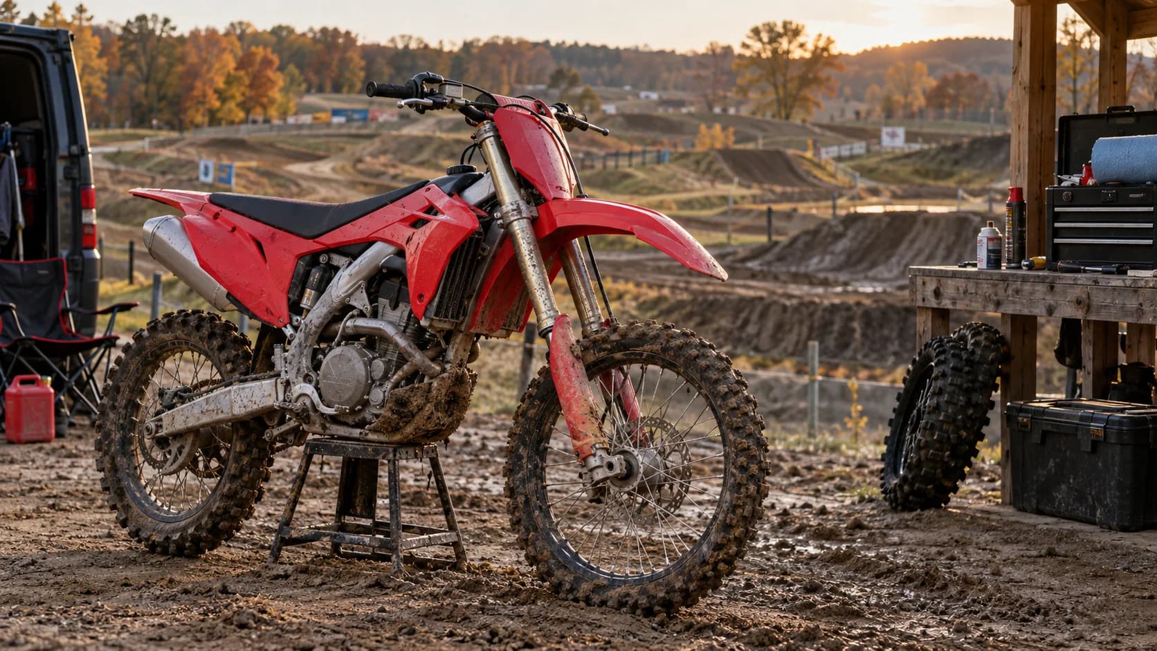 Motocicletă de motocross roșie pe circuit de pământ, pregătită pentru antrenament