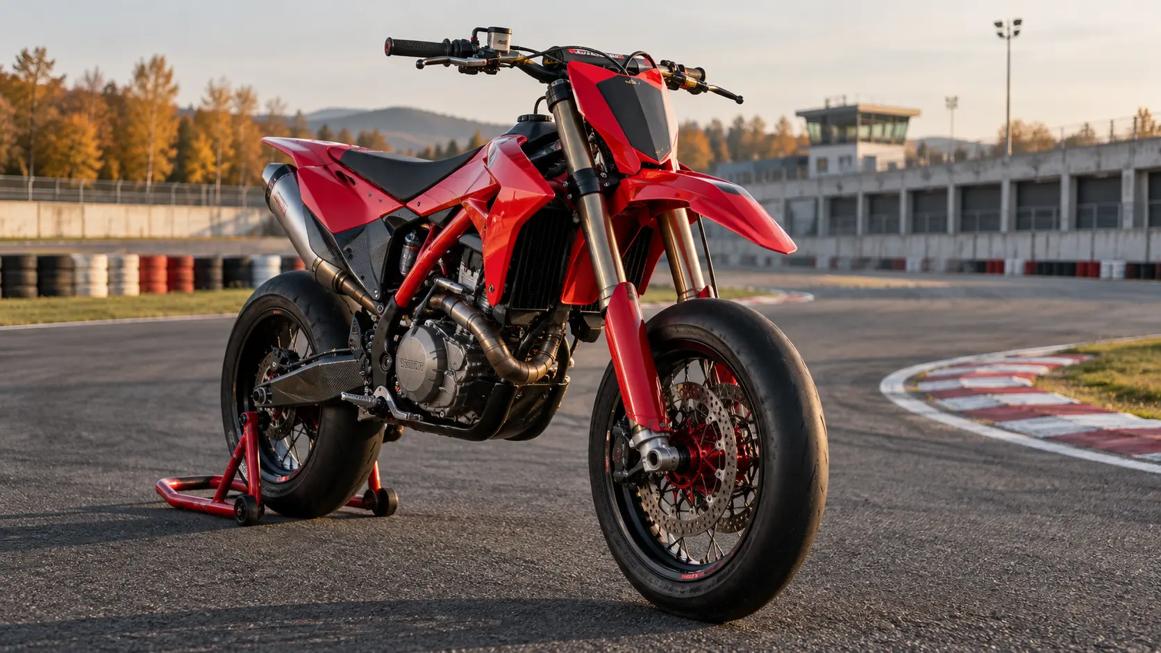 Motocicletă supermoto de competiție pe un circuit asfaltat la lumină de toamnă