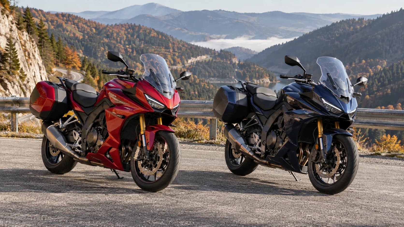 două motociclete sport touring fără sigle pe un drum montan de toamnă
