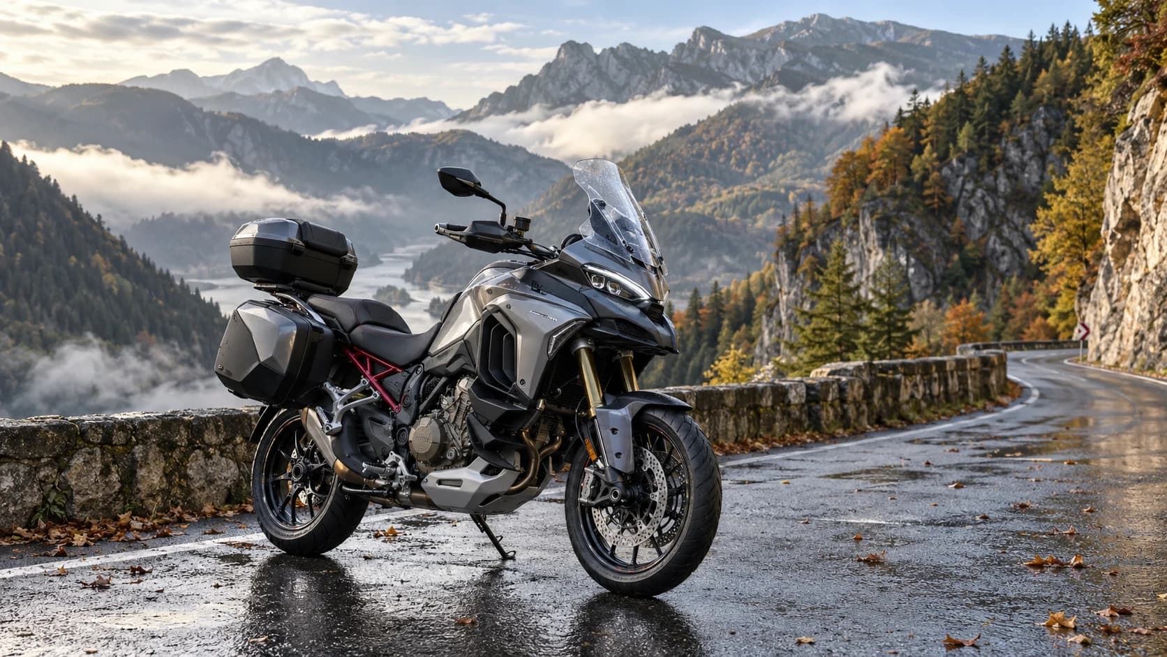 motocicletă adventure touring cu bagaje pe drum montan umed