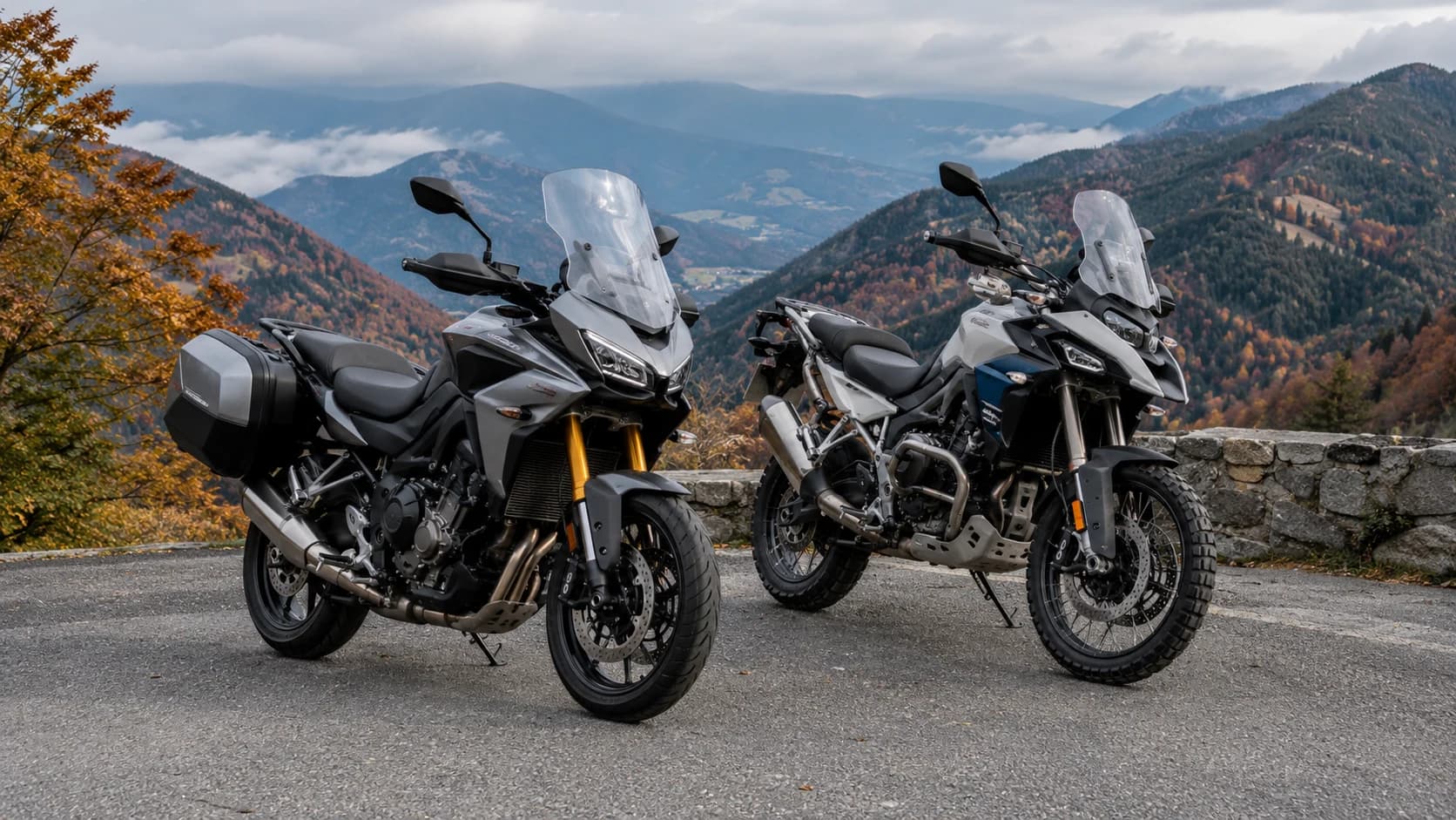 două motociclete adventure touring parcate la belvedere montan