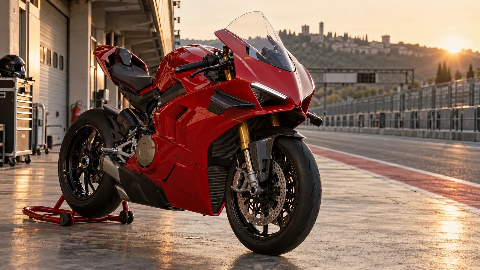 motocicletă sport roșie pregătită pentru circuit în lumina de seară