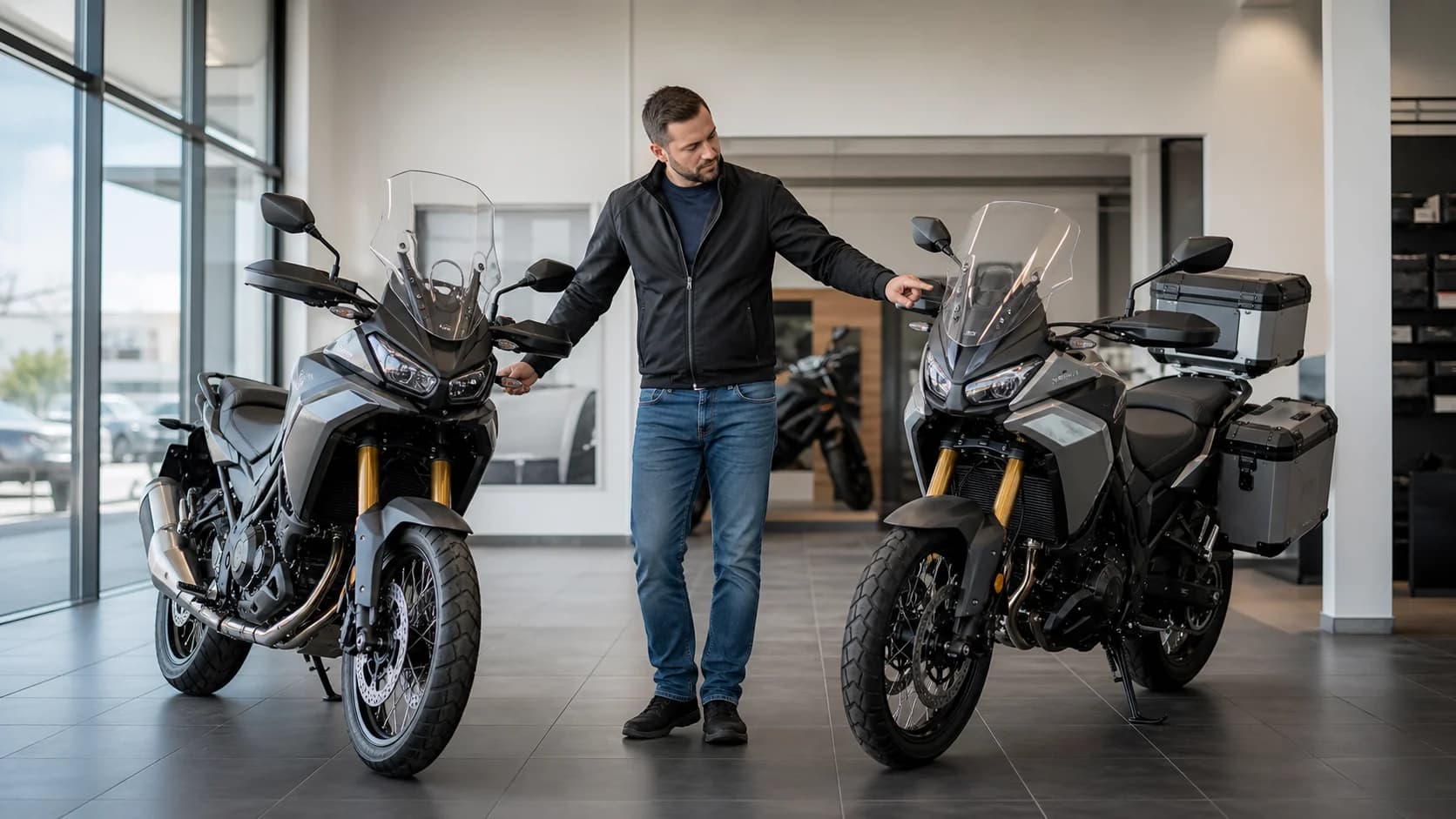 Client comparând accesoriile a două motociclete într-un showroom