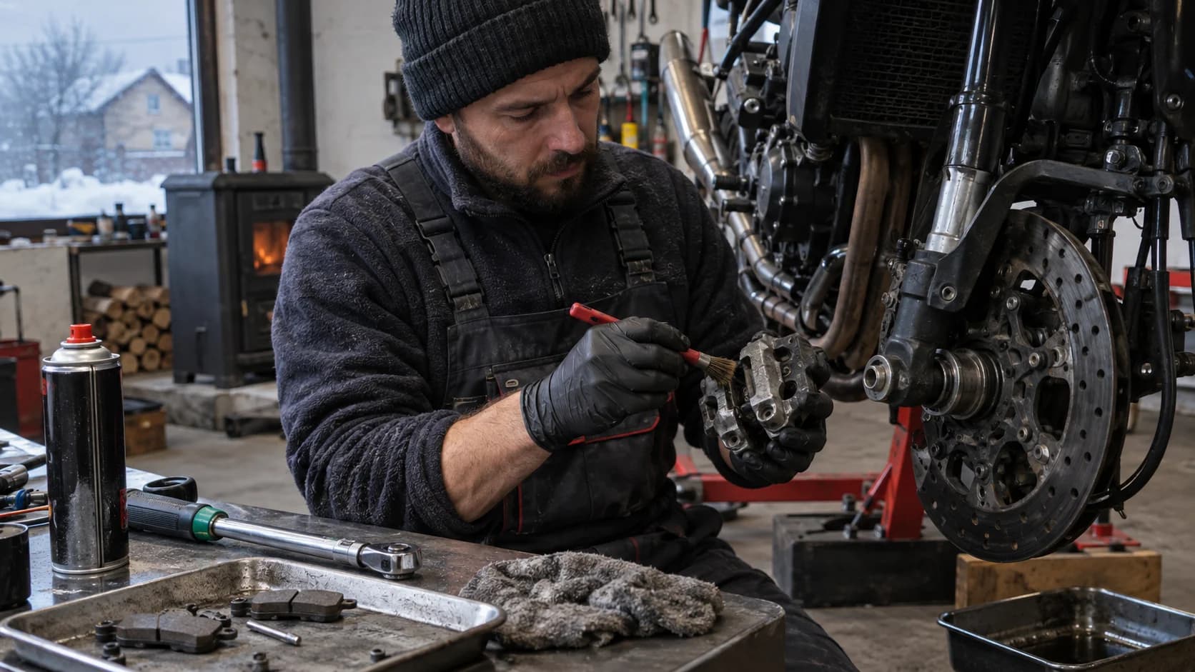 Mecanic curățând un etrier de frână de motocicletă într-un service