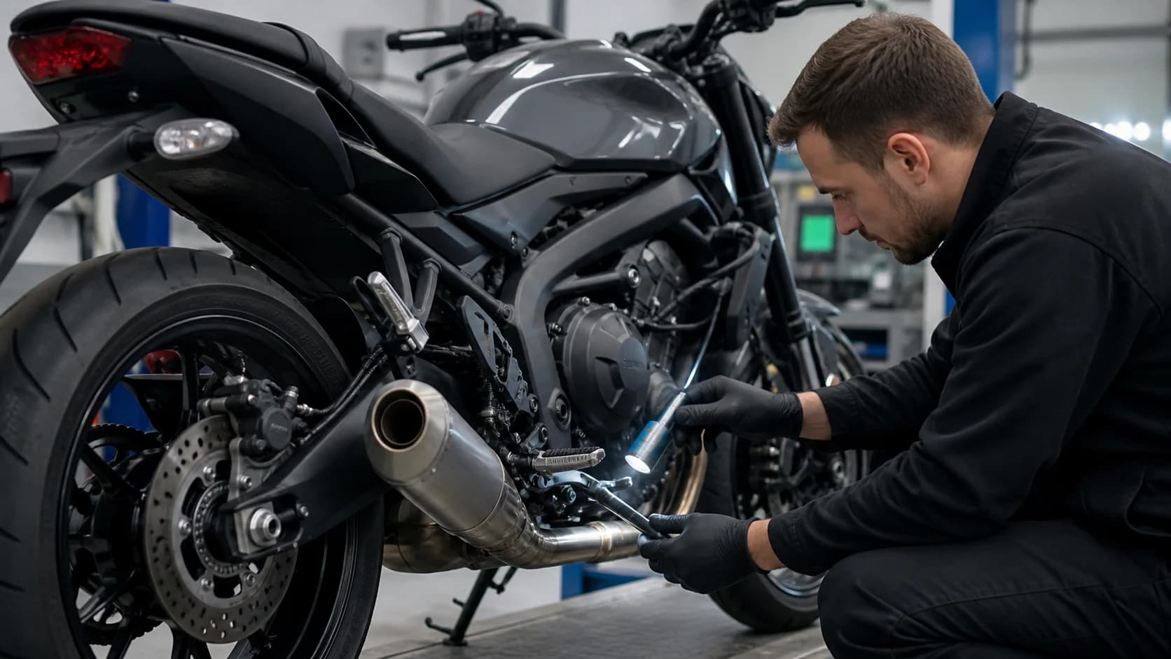 Mecanic inspectând evacuarea unei motociclete moderne