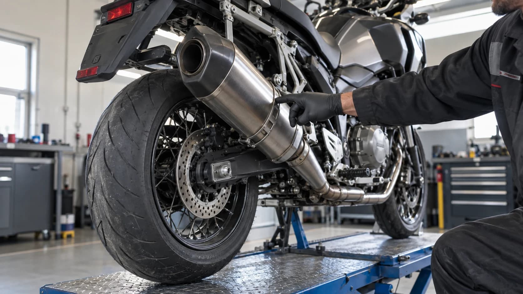 motocicletă pe elevator cu evacuarea inspectată într-un service