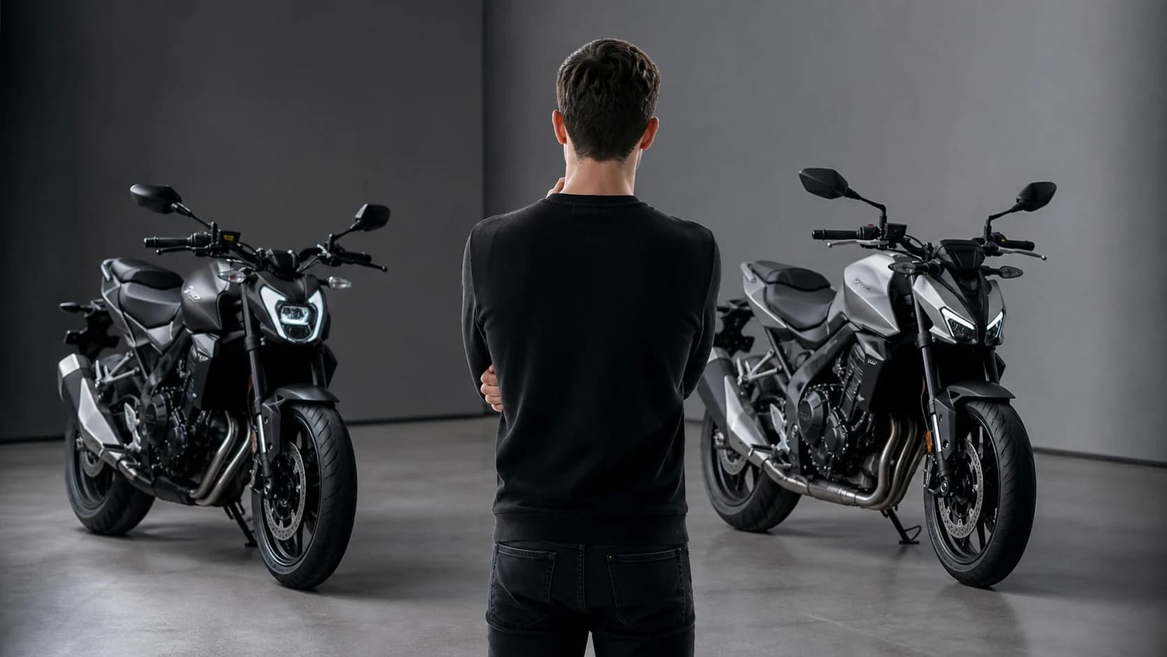 Persoană comparând două motociclete cu design diferit într-un studio