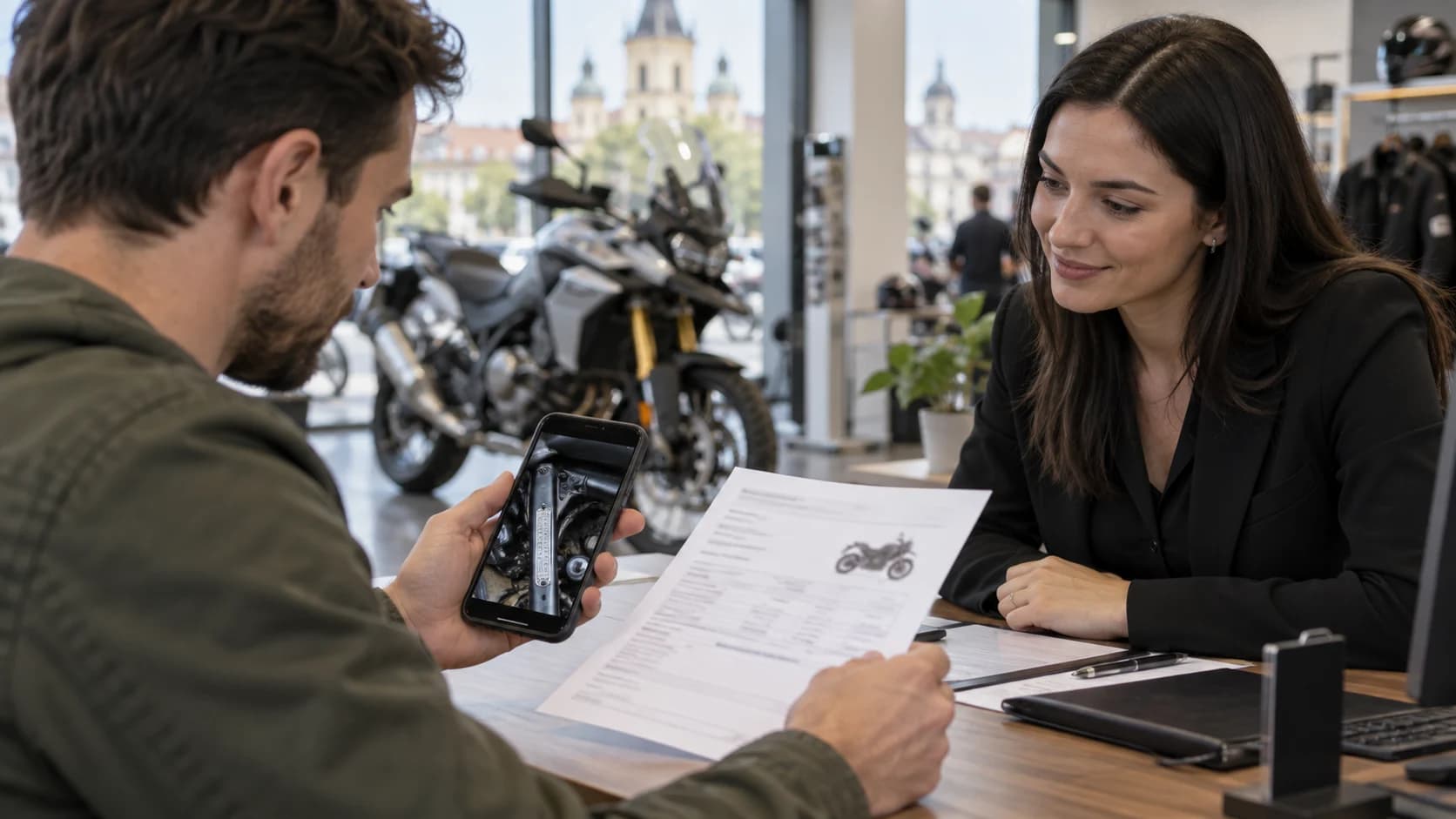 cumpărător care verifică proforma și o fotografie cu seria VIN într-un showroom moto