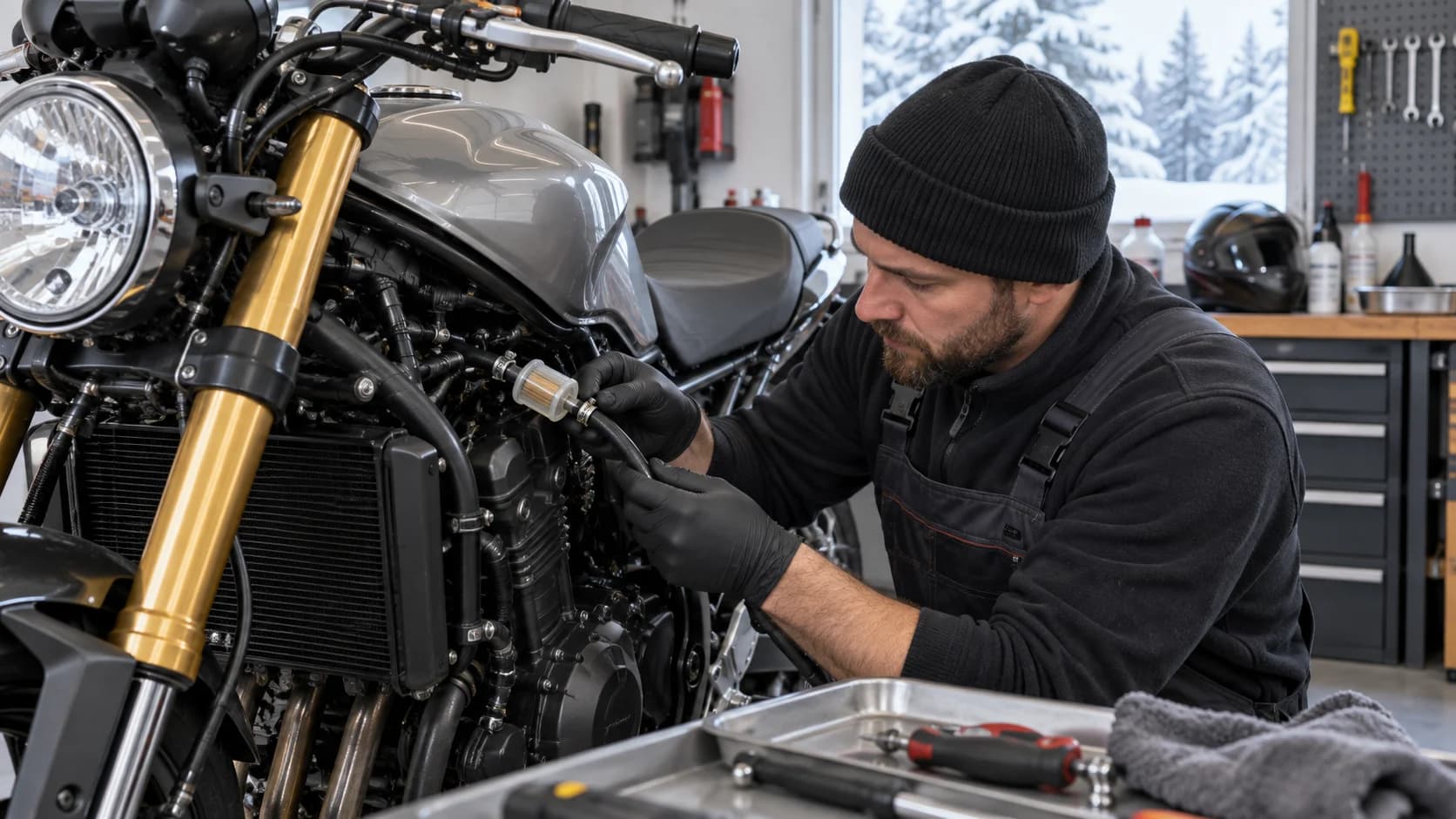 mecanic verificând filtrul de benzină și furtunurile unei motociclete într-un garaj