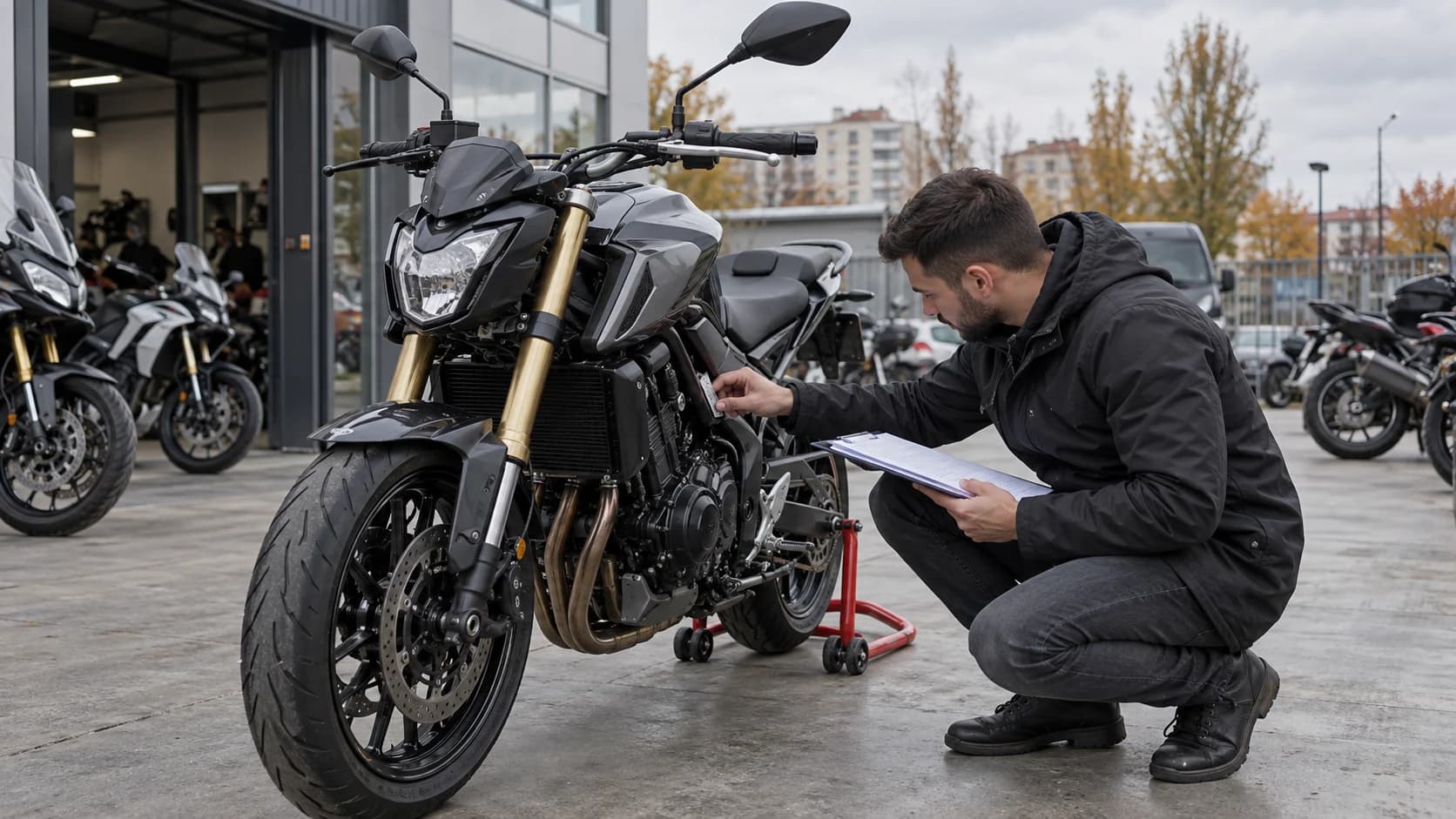 Motocicletă verificată la dealer înainte de semnarea documentelor de cumpărare