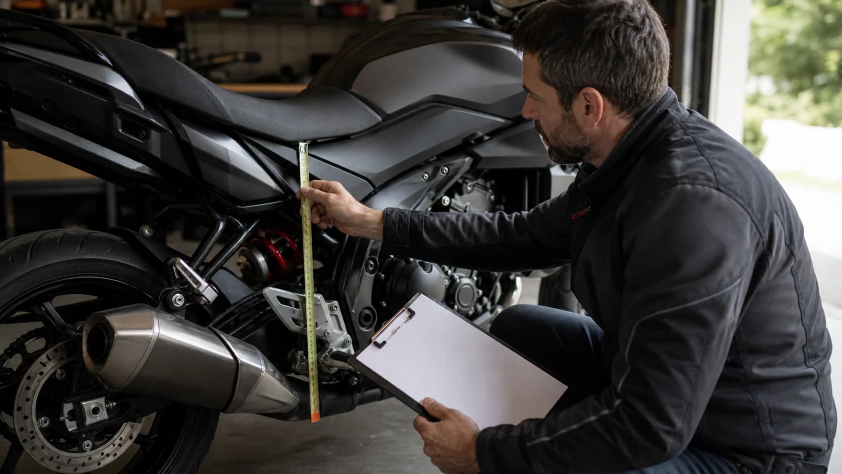 Jurnalist măsurând suspensia unei motociclete într-un atelier