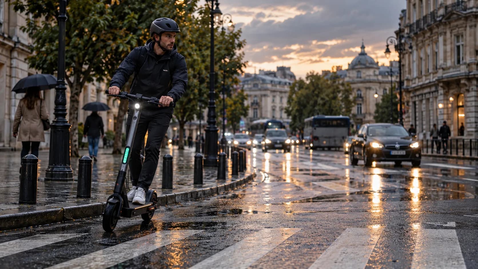Scuter electric pe asfalt ud într-un oraș după ploaie
