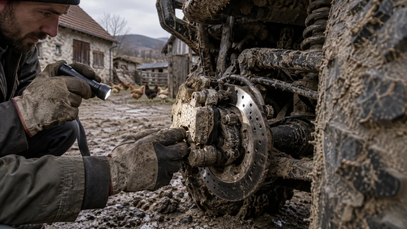 Etrier și disc de frână la ATV acoperite cu noroi și inspectate cu lanternă