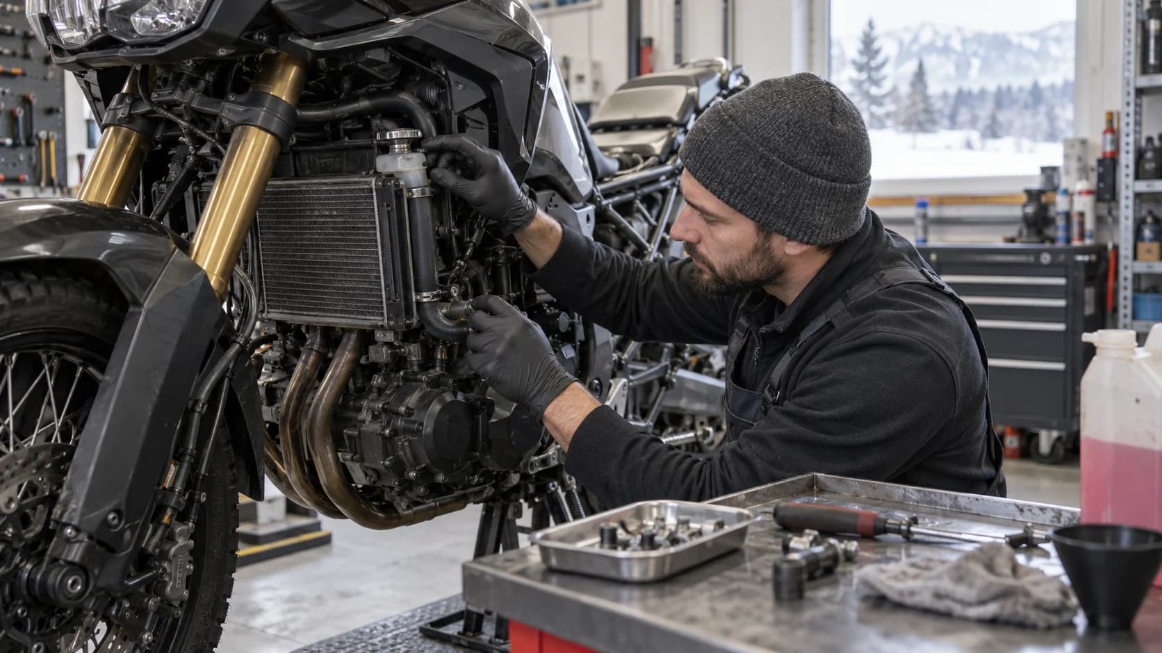 Mecanic care verifică radiatorul și furtunurile de răcire ale unei motociclete într-un service
