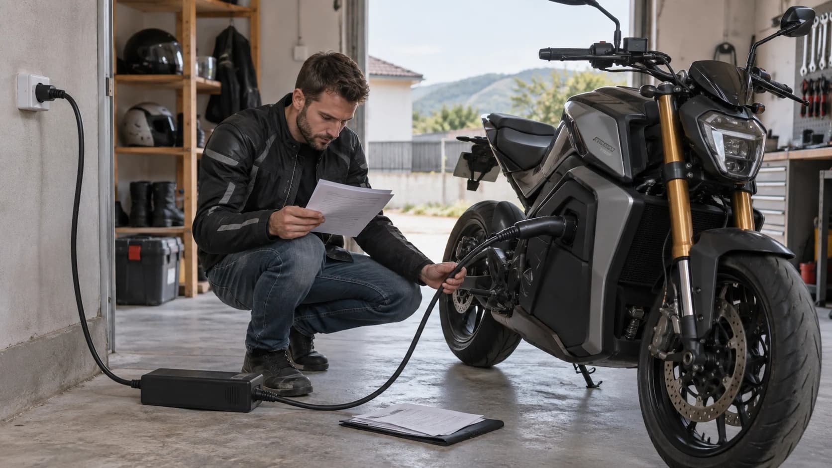 Motocicletă electrică la încărcat într-un garaj cu documente de service lângă cablu